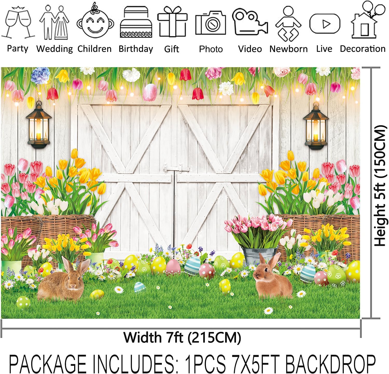 Spring Easter Backdrop Happy Easter White Barn Door Bunny Floral Colorful Eggs Photography Background Kids Children Family Garden Party Bridal Wedding Decorations (7x5FT)