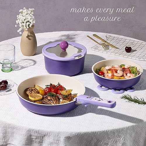 Miniatura 7 de CAROTE Juego de utensilios de cocina de cerámica de 11 piezas, juego de ollas y sartenes antiadherentes, utensilios de cocina de inducción con mango