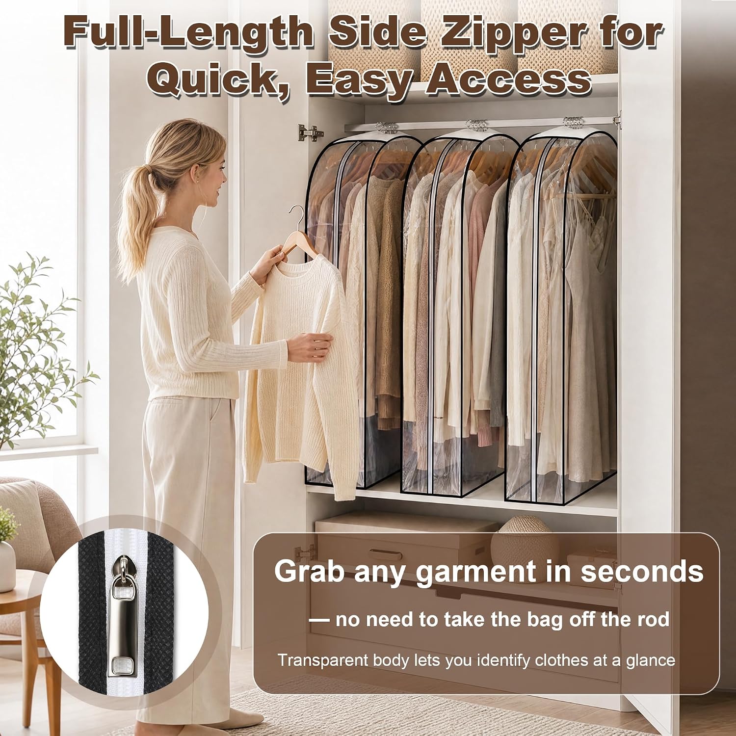6 Pack Clear Garment Bags for Hanging Clothes 40" 10" Gusset Closet Storage