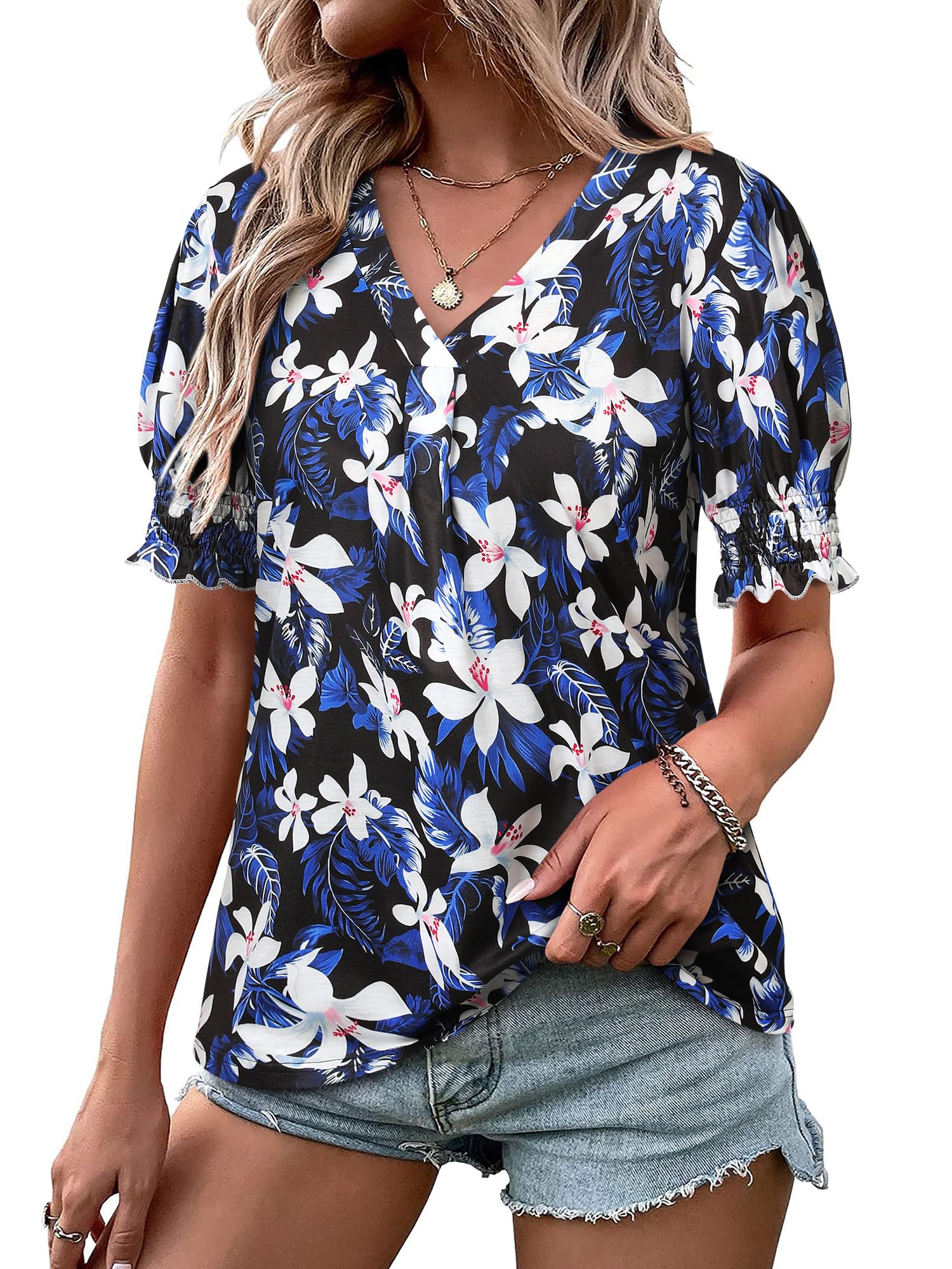 ZXZY Women Ruffle Short Sleeve Pleated V Neck Floral Print Hawaiian Shirts Blouse Tops