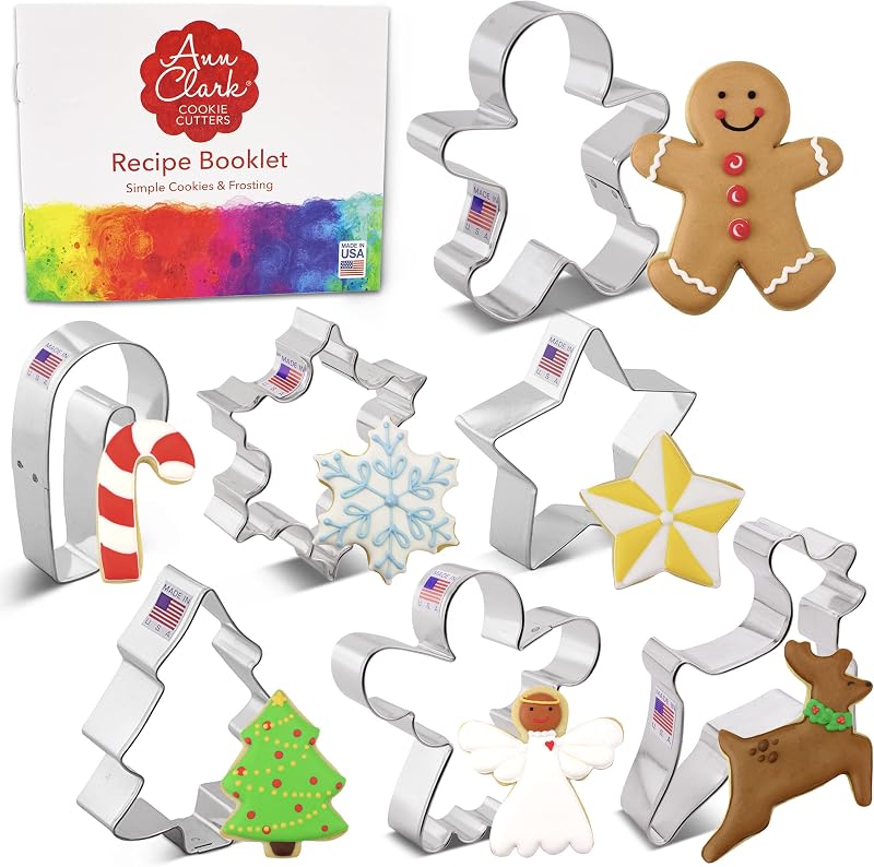 Ann Clark Juego de 7 cortadores de galletas navideñas, fabricados en EE. UU. | Incluye: hombre de jengibre, árbol de Navidad, estrella y más, el cortador de galletas más grande de Estados Unidos, acero americano apto para alimentos.
