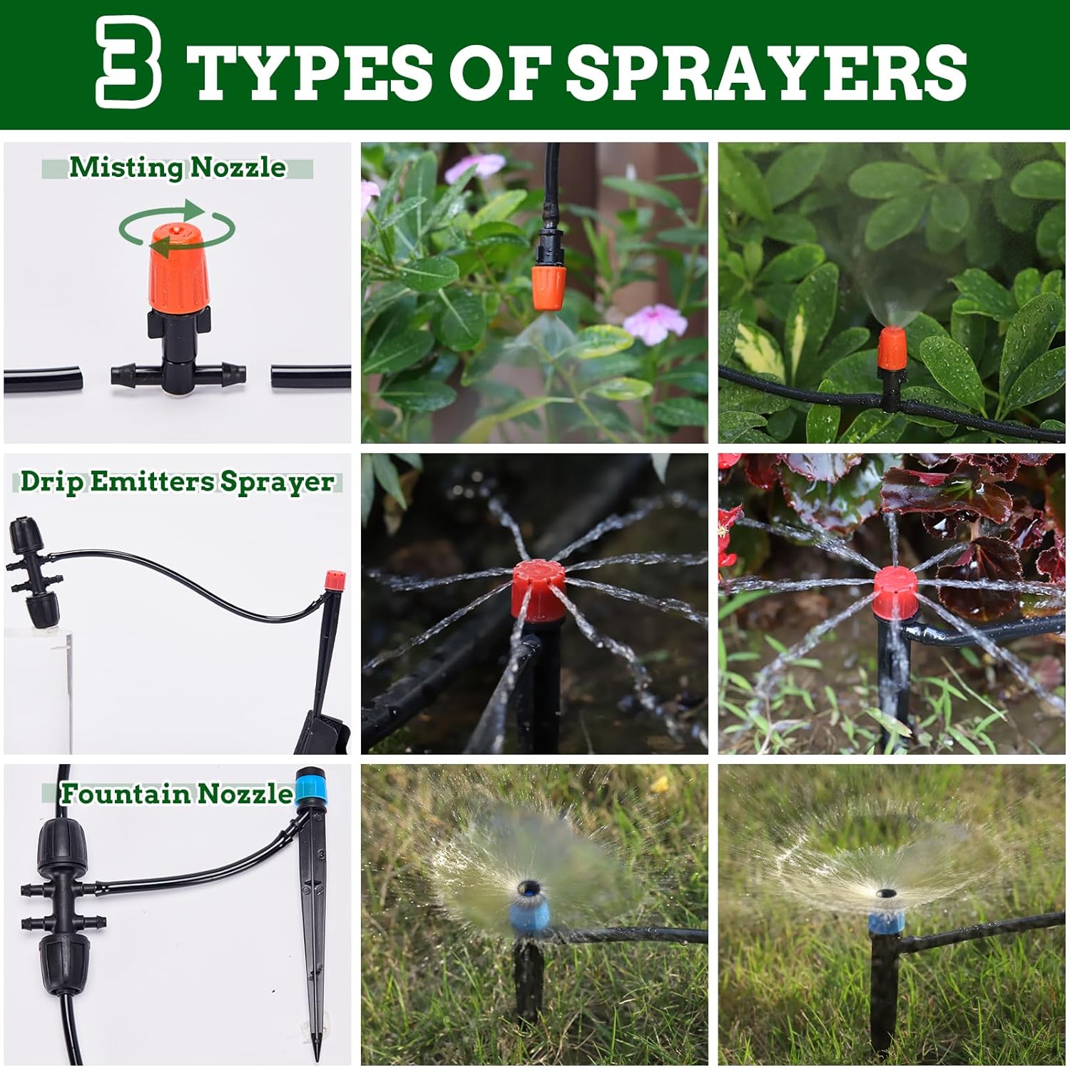 226FT Automatic Drip Irrigation System Kit with LCD Timer, 3 Sprayers Types Automatic Garden Watering System, 1/2 Inch Hose 1/4 Inch Distribution Tubing Garden Watering Solution for Outdoor Plants