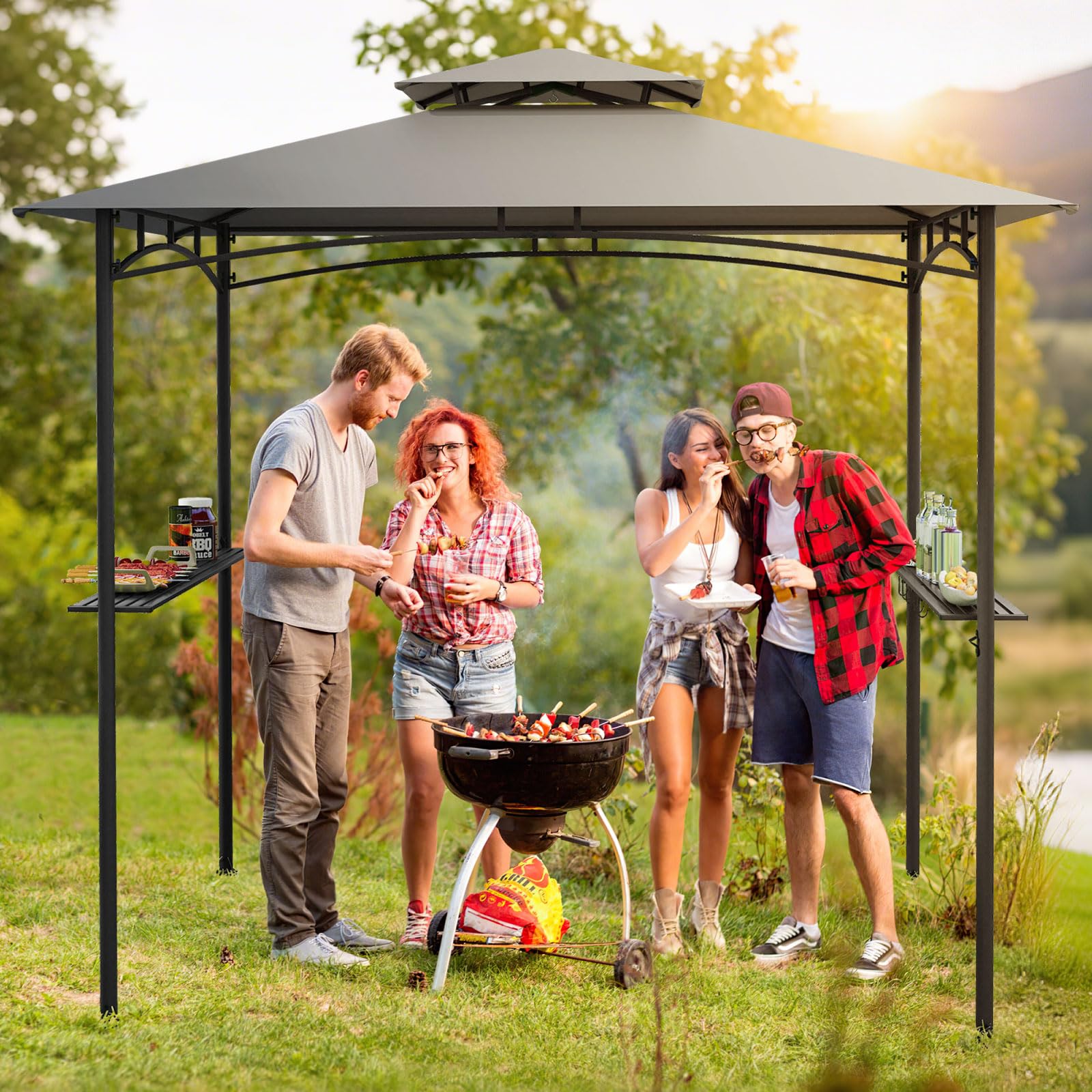GOPLUS Pawilon grillowy, 242 x 150 cm, podwójny dach, z 2 półkami bocznymi i 6 haczykami, namiot BBQ z metalową ramą, zadaszenie grilla, odporny na warunki atmosferyczne, na taras, do ogrodu i na