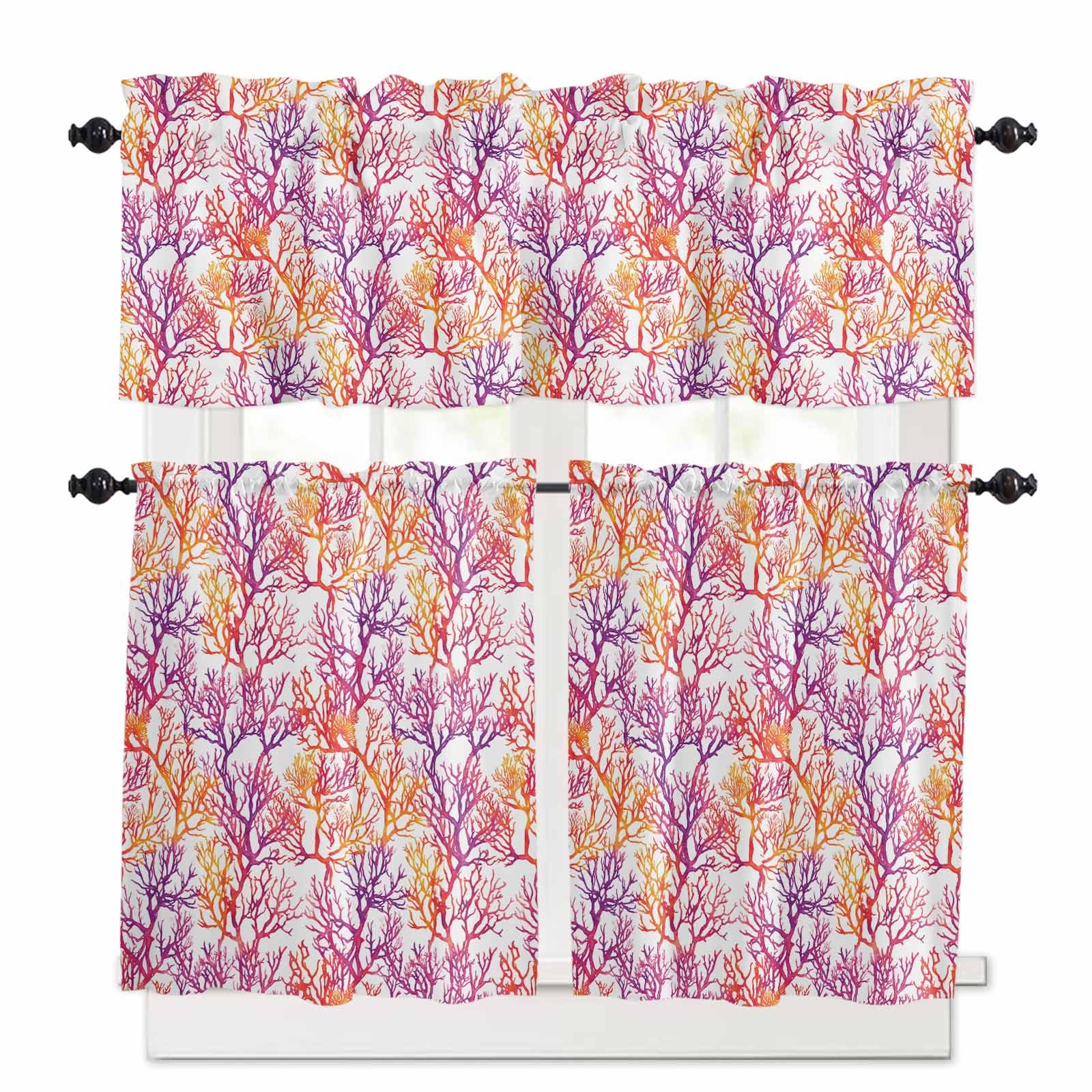Purple Coral Coastal Kitchen Curtains 24 Inch Length, 3 Piece Rod Pocket Small Half Tiers and Valance Set, Summer Beach Nautical Ocean Sea Small Large Window Treatment Decor for Bedroom/Bathroom Sink