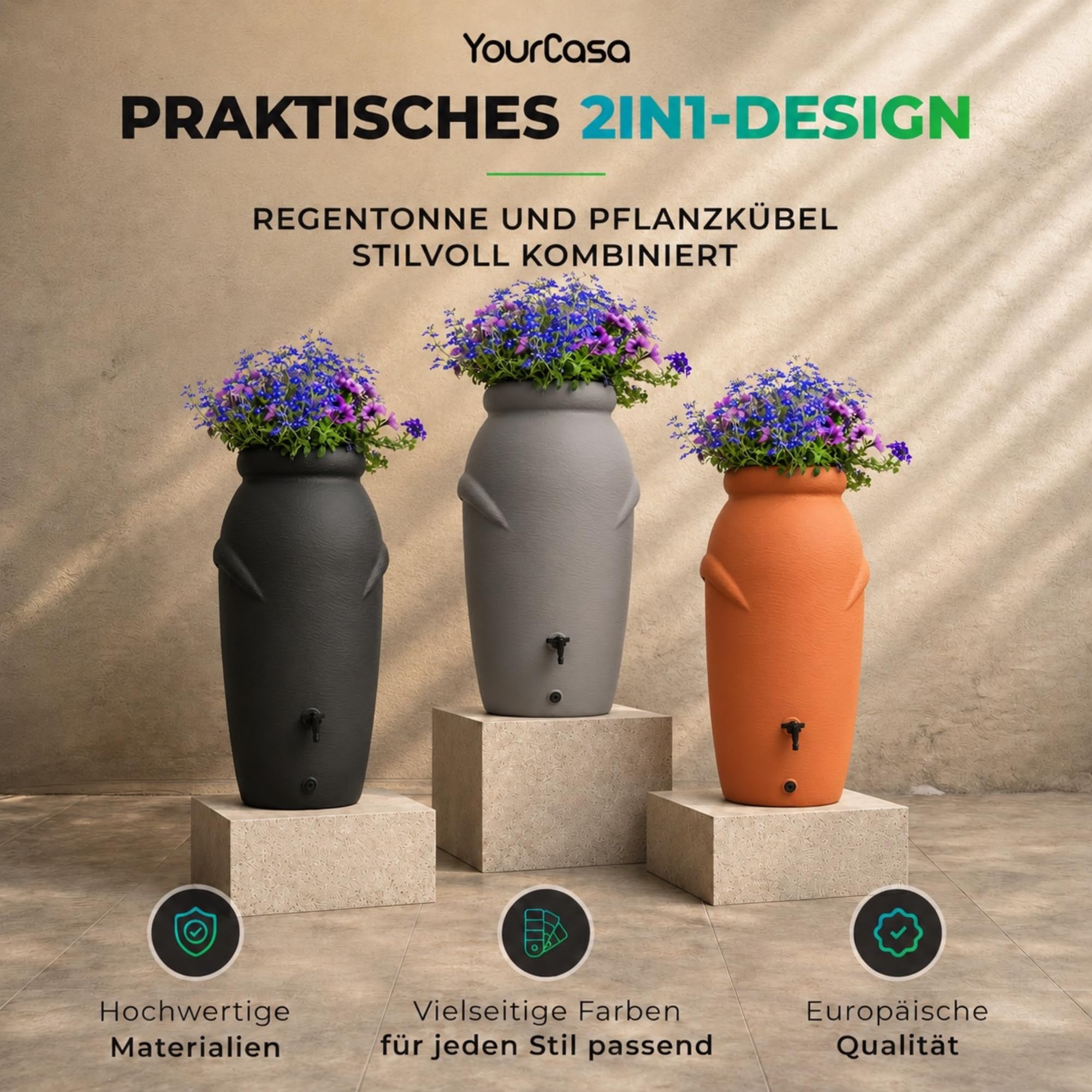 YourCasa Regentonne 210 Liter [Amphore Design] Regenfass Frostsicher aus Kunststoff - Regenwassertonne mit Wasserhahn - Regenwassertank Garten Regenwassersammler Wasserfass Wassertonne (Terracotta)