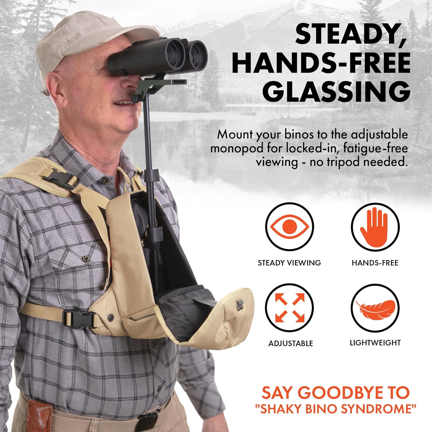 Hands-Free Bino Sighting System, Monopod Binocular Harness Chest Pack, Steady Glassing Without Tripod, Lightweight, Fast Gear Access for Hunting, No Arm Fatigue