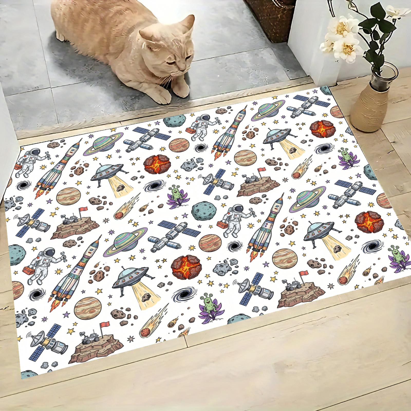 Felpudo Entrada Casa 80x120cm Alfombra Atrapapolvo Platillo Cohete Astronauta, Alfombrilla Pasillo Antideslizante Espacio Dibujos Animados Estadounidenses Tapete Lavable para una Entrada Limpia