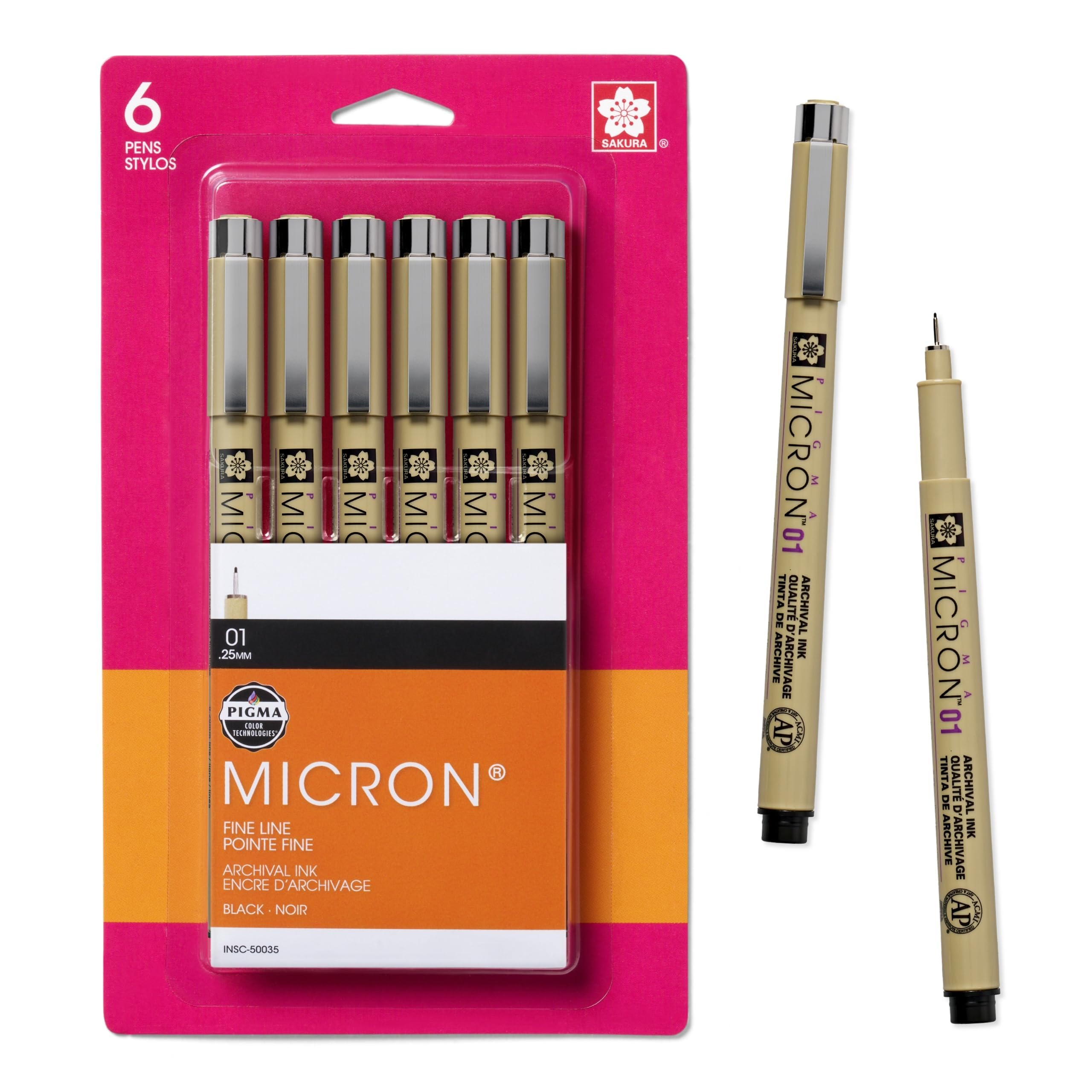 SAKURA Pigma Micron Fineliner Pens, 01 Tip Size, Archival Black Ink, 6 PK 50035