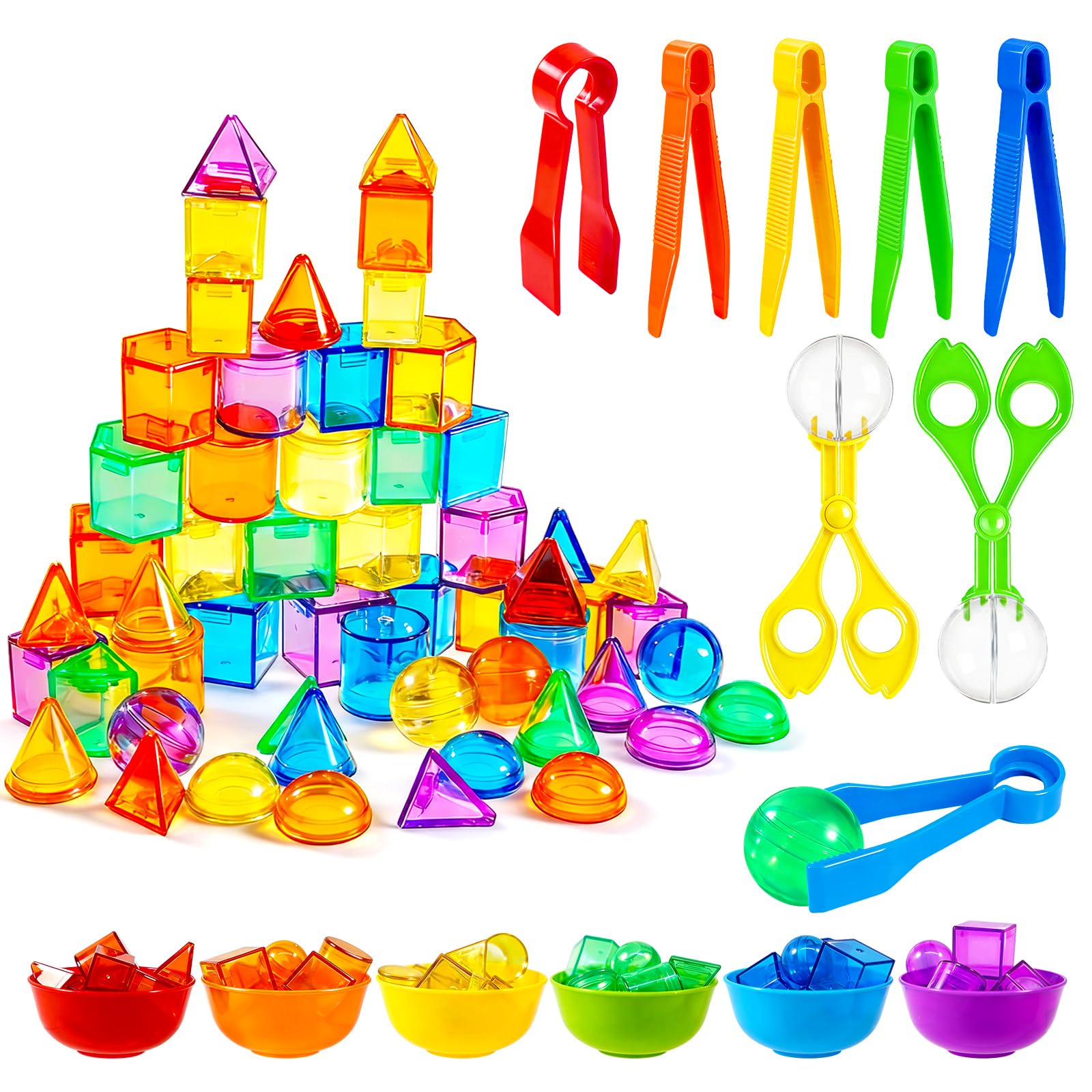 Bbiamsleep 76 Pcs Counting 3D Geometric Solids Colorful Plastic Geometric Shape Light Table Manipulative Counting Sorting Sensory Bin Filler Fine