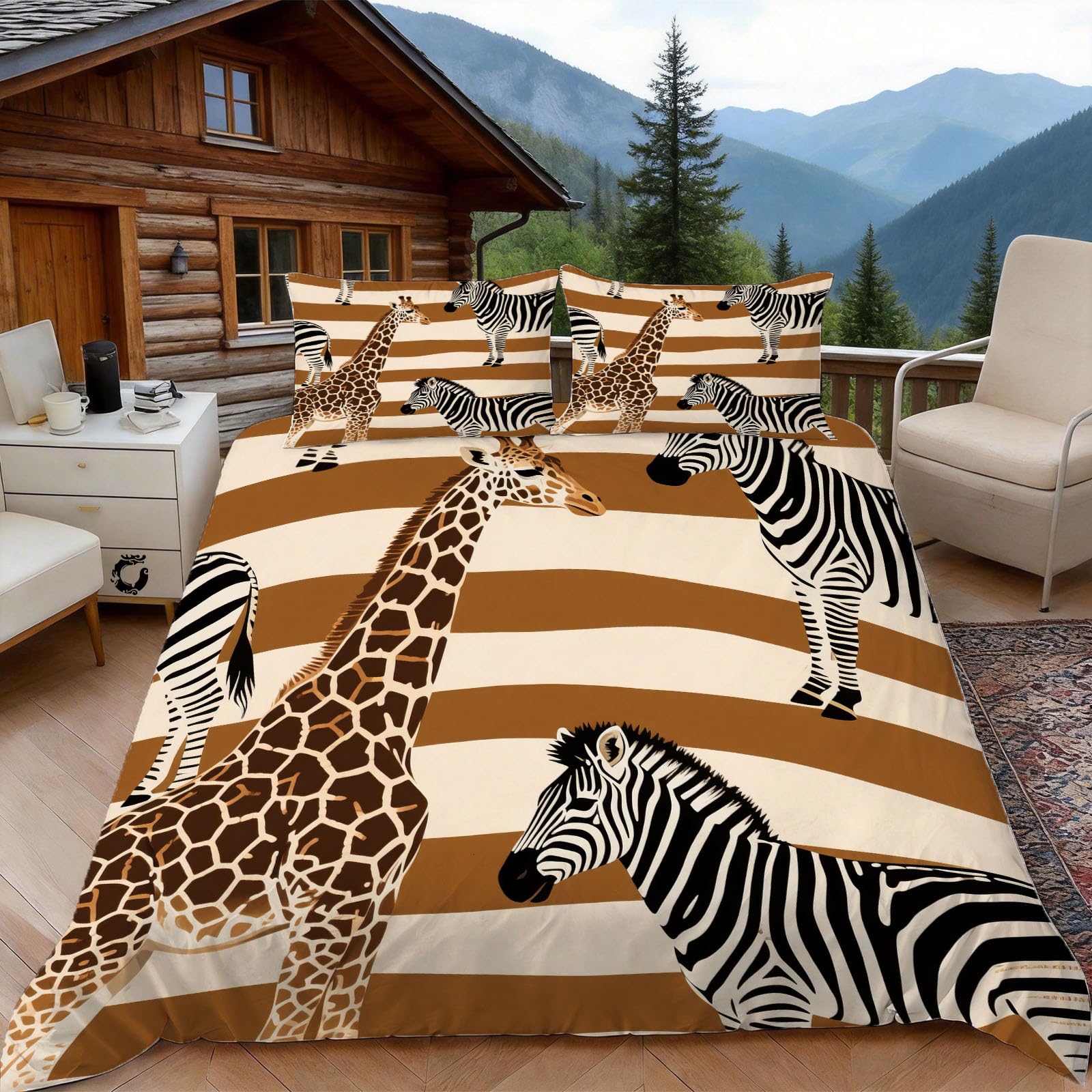 Parure de lit dessin animé girafe 240x260 cm avec 2 taies d'oreiller 65x65 zippées