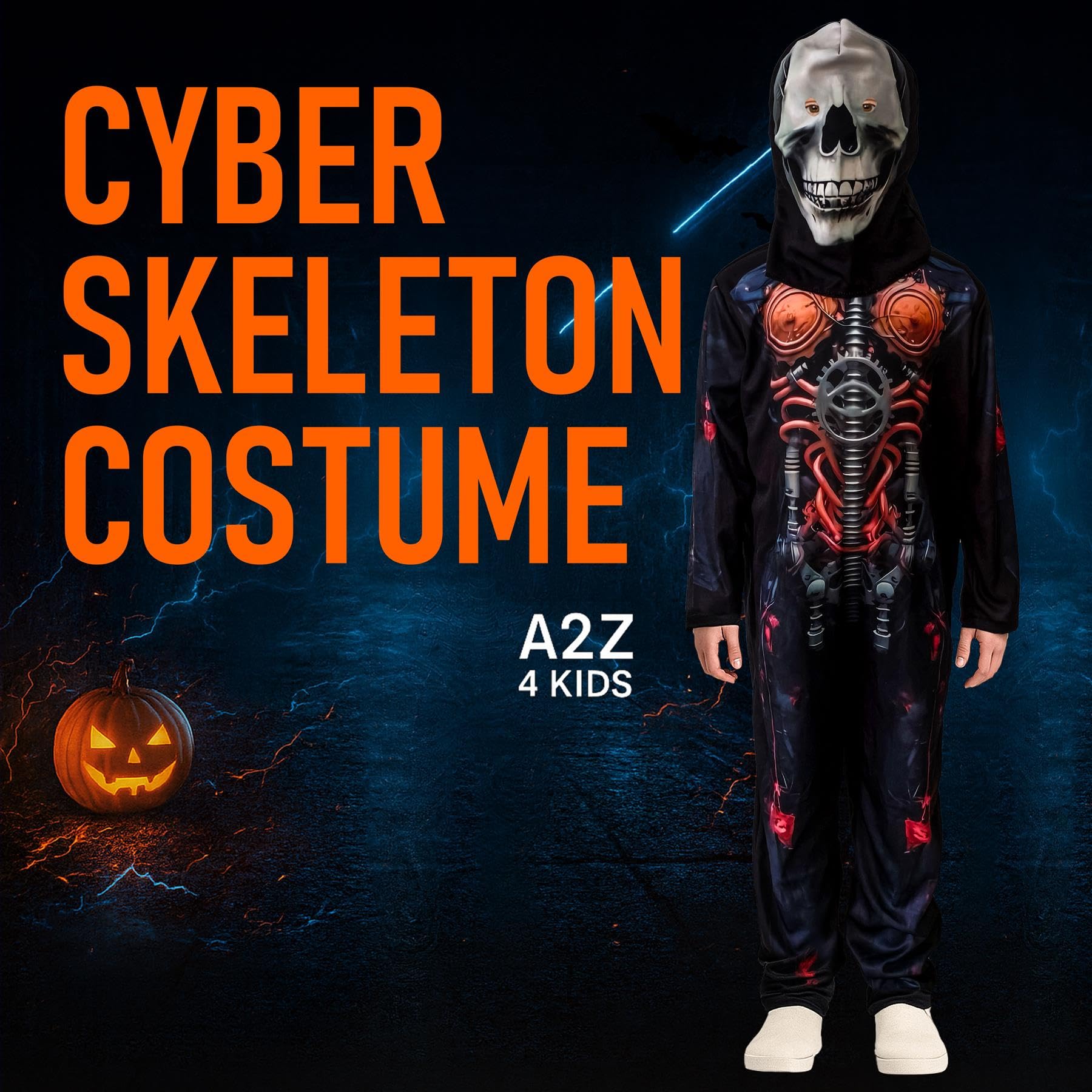 A2Z 4 Kids Cyber szkielet dla chłopców, dziewcząt, kostium na Halloween, fantazyjny kostium z maską czaszki, dla dzieci, straszny szkielet, jednoczęściowy kombinezon na imprezy typu cukierek albo