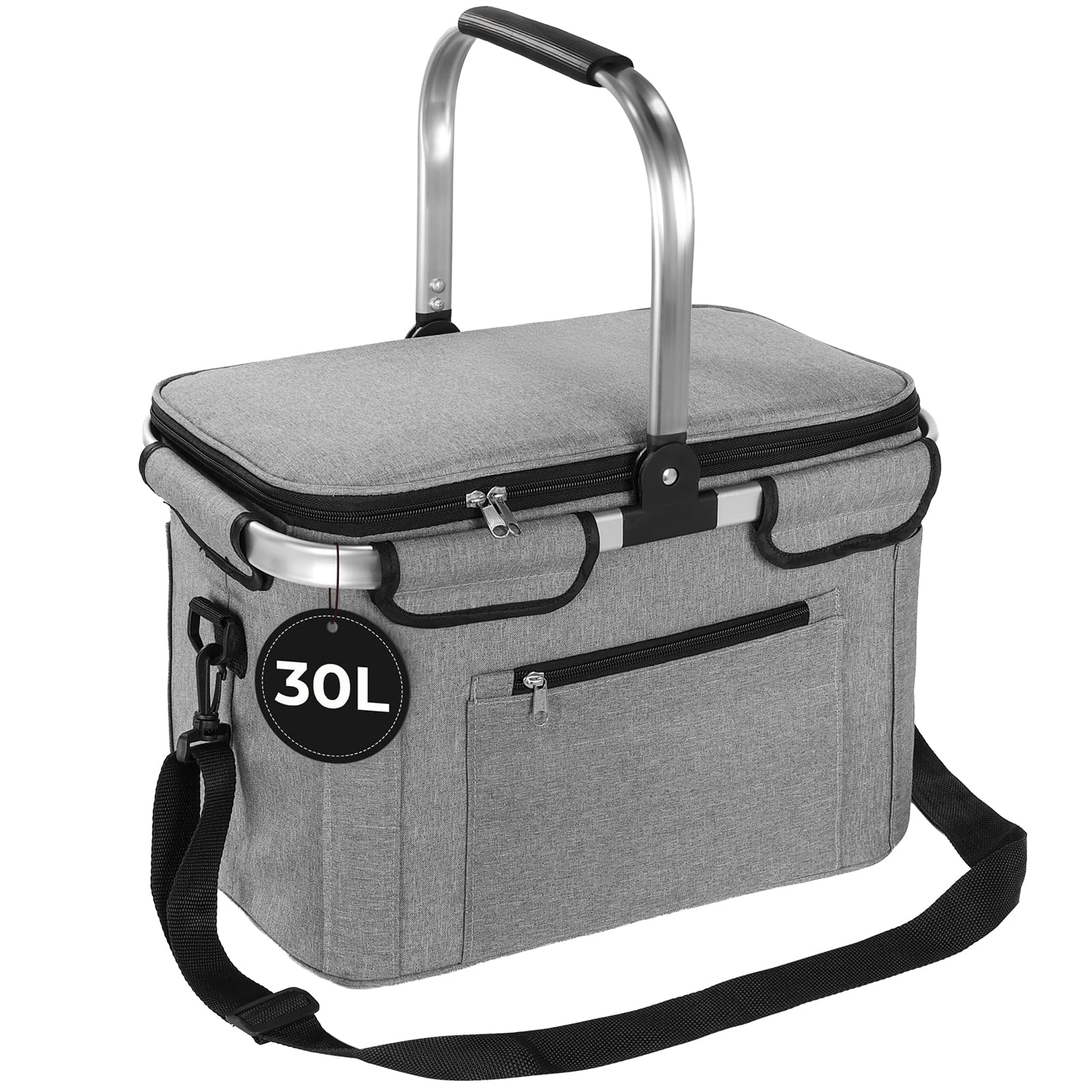 OUSFOT Einkaufskorb, 30L Picknickkorb Mutti Korb Faltbar Grau mit Deckel Perfekt für Shopping, Picknicks und Outdoor Aktivitäten