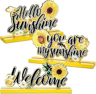 3 Pieces Sunflower wooden Table Centerpieces Sign Sunflower Table Sign Welcome wood Bee Centerpieces Table Decoration Rustic Hello Sunshine Sign Welcome Table Decoration Signs Art for Home Table Decor