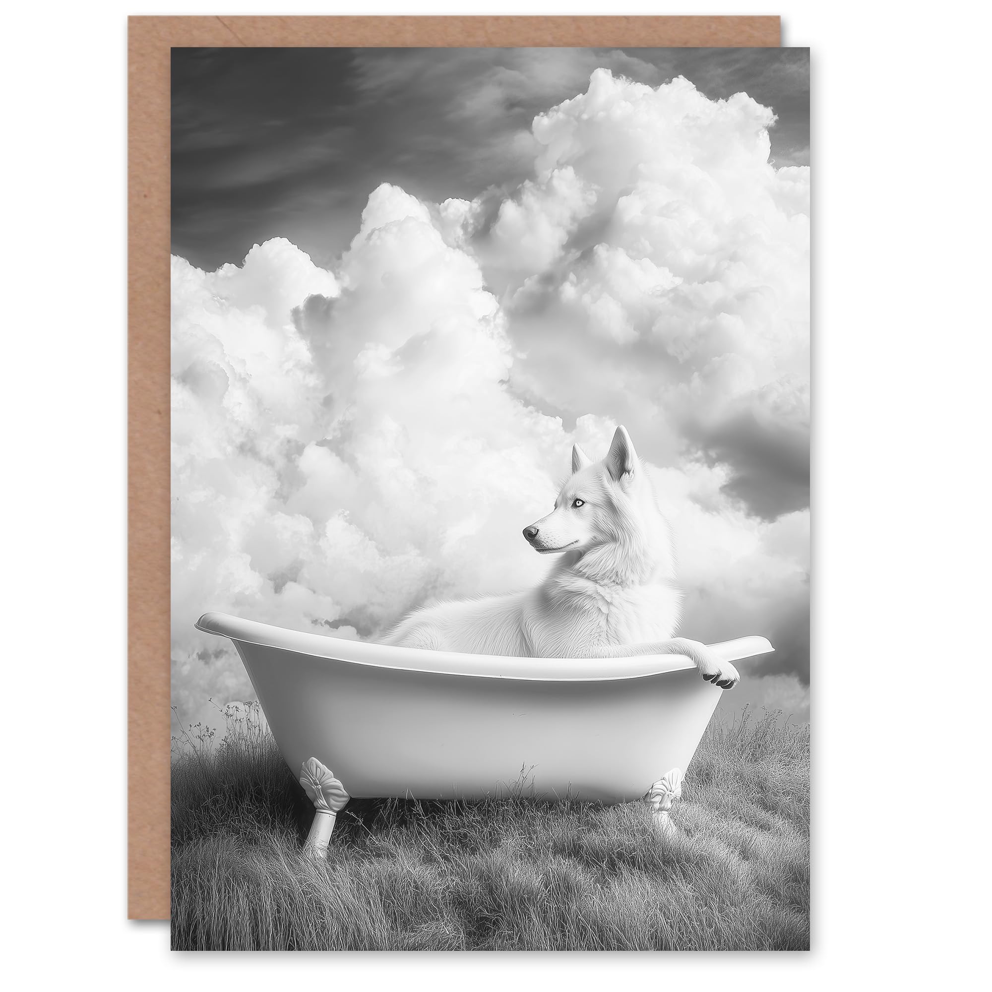 Artery8 Greeting Card Husky in a Bathtub on Field Black White Surreal Blank For Him Or Her Art Birthday Card
