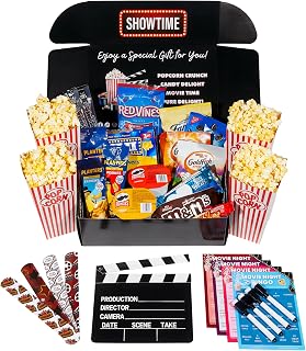 Movie Night Gift Basket – 33-Piece Gift Box with Popcorn, Candy, Snacks & Bingo – Birthdays, Date Night, Family, Kids, Adults, Mom, Dad, Teens, Christmas, Mothers Day, Fathers Day, Raffle & Fundraiser