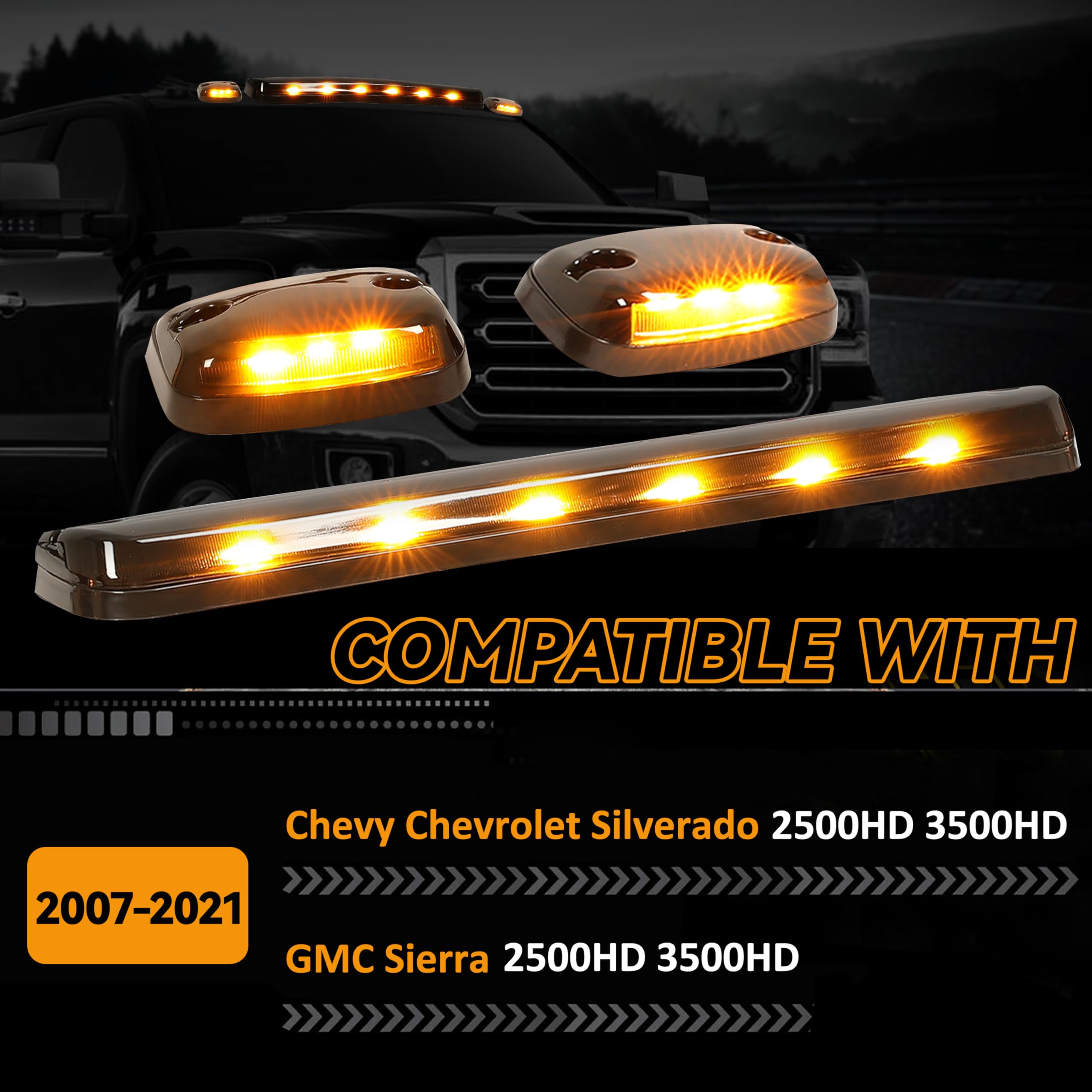 KUAFU LED Roof Cab Marker Lights Compatible with 2007-2021 Chevy Chevrolet Silverado/GMC Sierra 2500HD 3500HD Front Left Right & Center Lamps Kit Black Lens