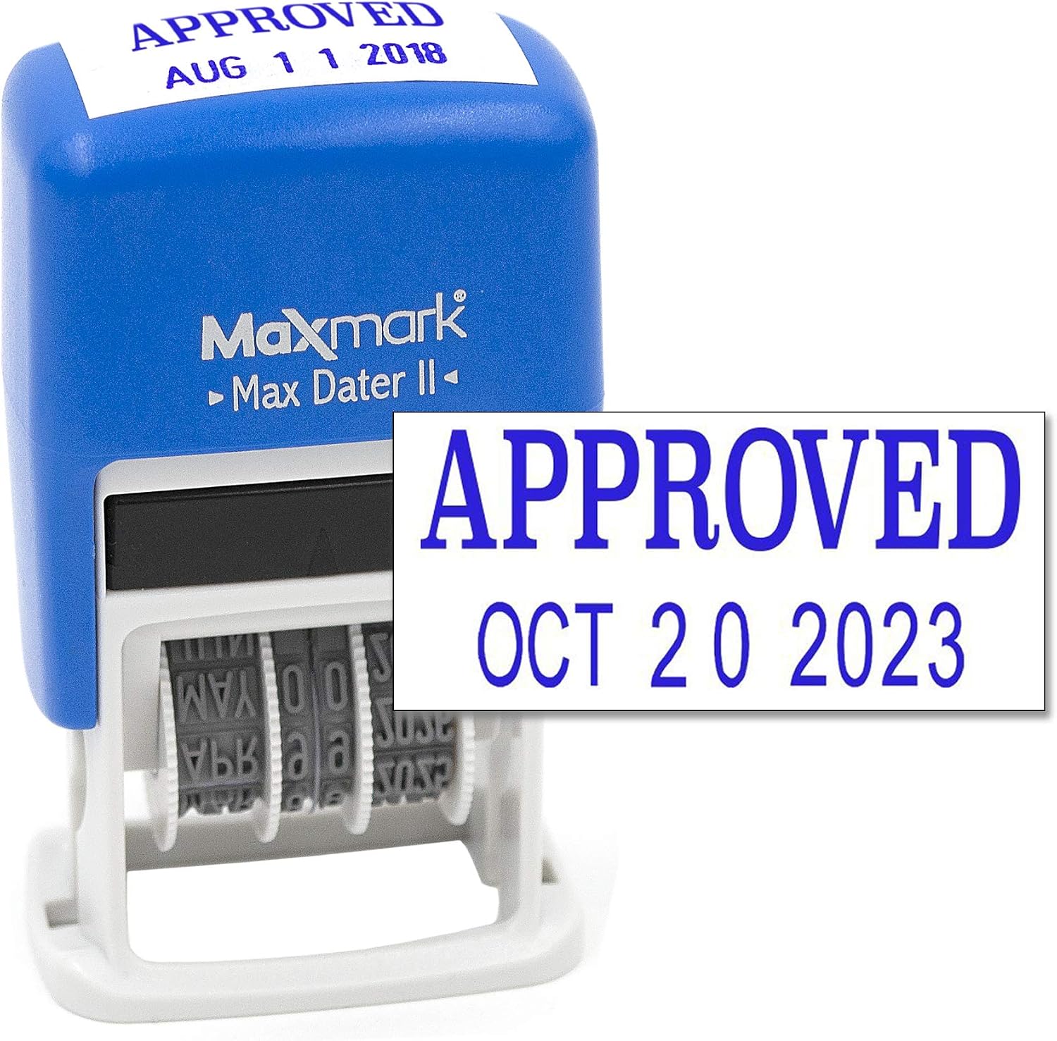 MaxMark Self-Inking Rubber Date Office Stamp with Approved Phrase & Date - Blue Ink (Max Dater II), 12-Year Band