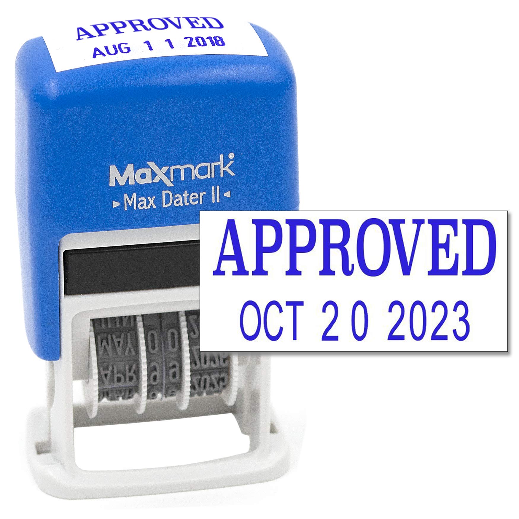 MaxMark Self-Inking Rubber Date Office Stamp with Approved Phrase & Date - Blue Ink (Max Dater II), 12-Year Band