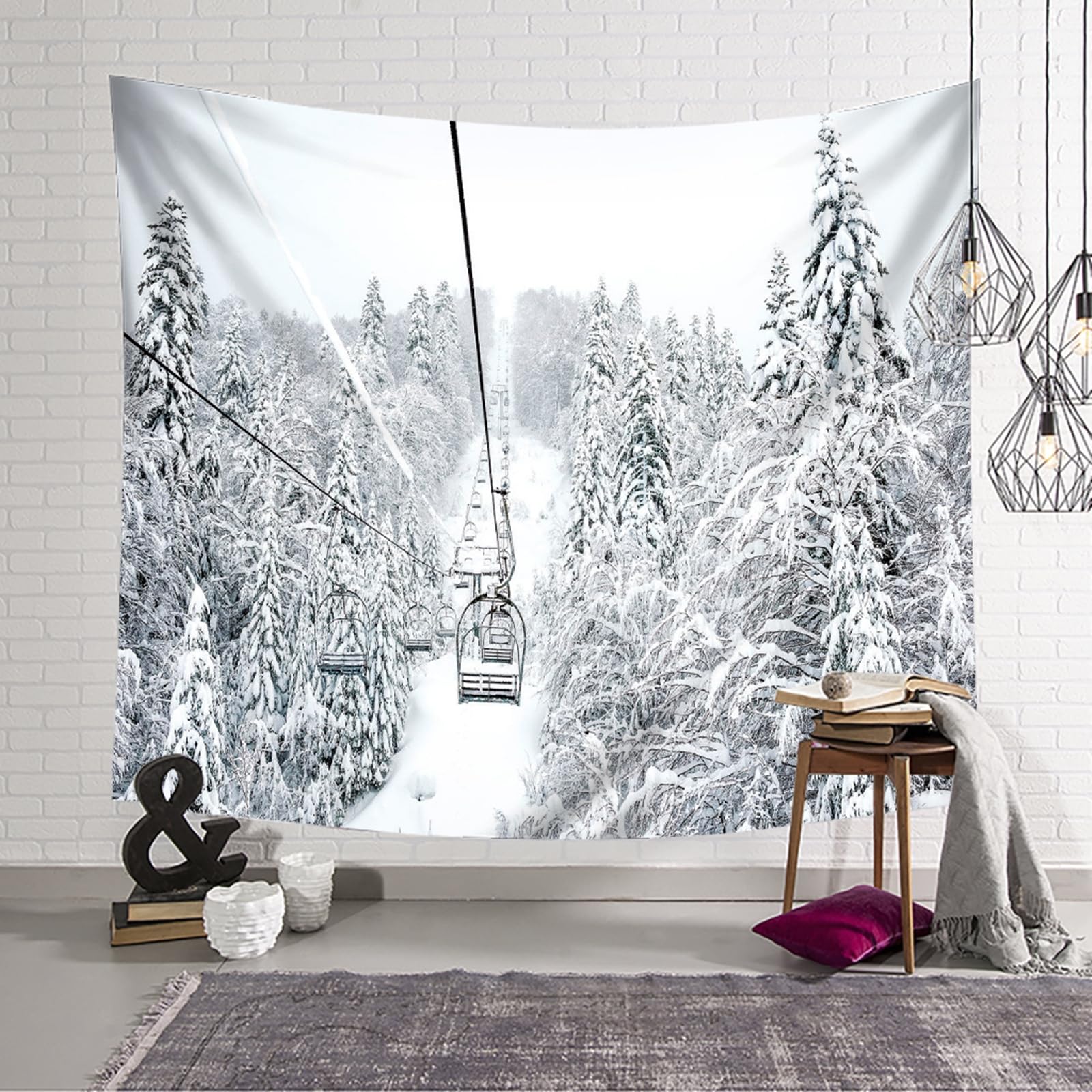 RDSGYZ Dywan ścienny do salonu, duży, 350 x 256 cm, zasłona ścienna do użytku na zewnątrz, motyw gór, lasu i kolejki linowej, dekoracja ścienna do pokoju dziecięcego, sypialni