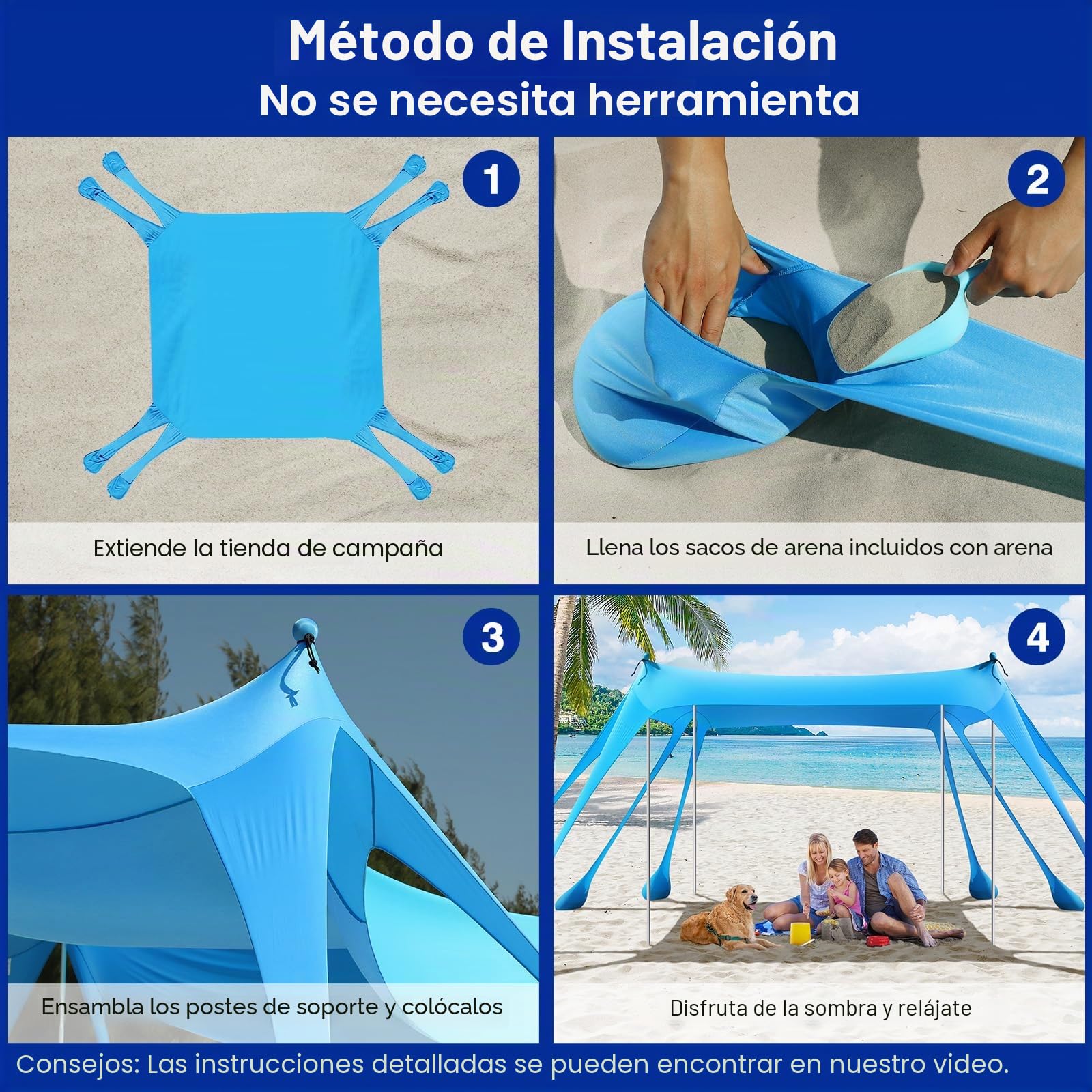 Rhino Valley Tienda de Playa Plegable, Toldo de Playa Portátil Protección UV UPF50+ Resistente Viento con Sacos de Arena Clavijas Tierra Carpa Aire Libre Acampada