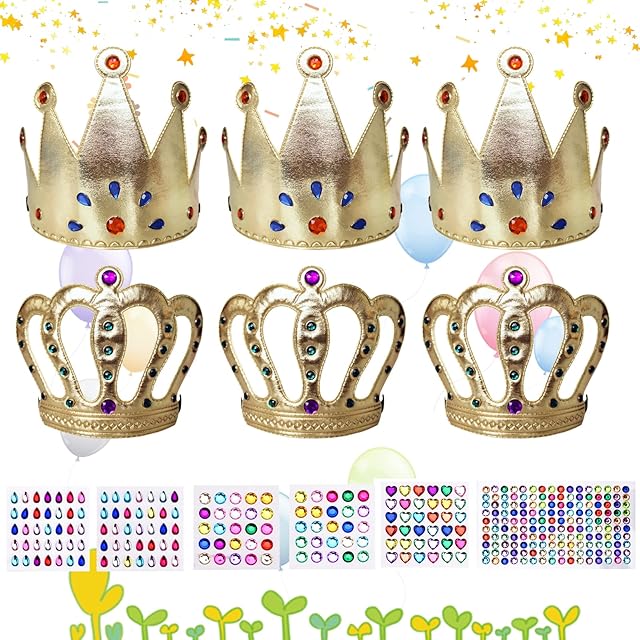 Gold Crowns for Birthday,6Pc Kids Party Hats with Rhinestone Stickers Reusable Nonwoven Queen Crown Elastic Band King Hat for Birthday Party Celebration,Platinum Jubilee Decoration