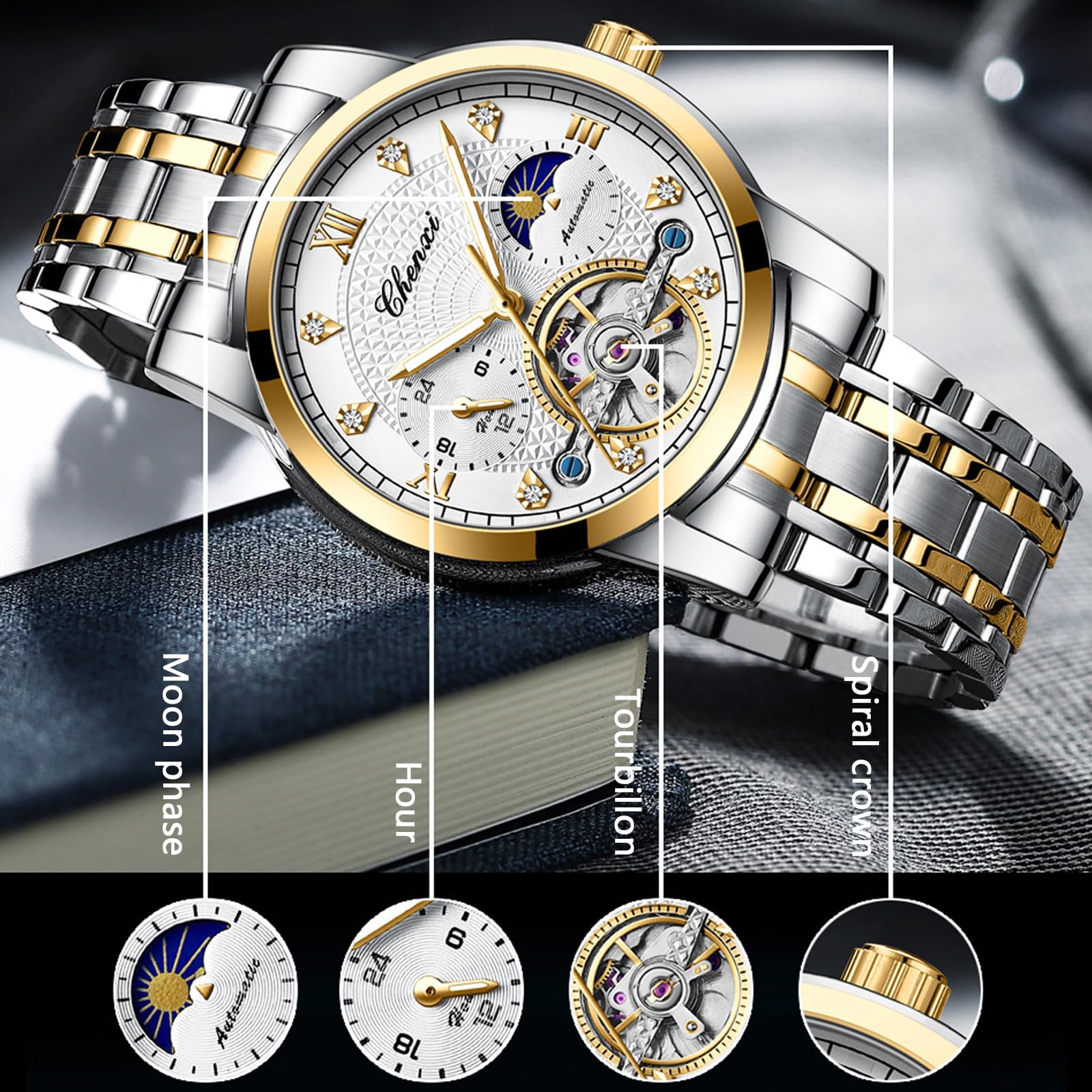 FORSINING Männer Mechanische Uhr Tourbillon Moon Phase Mode Armbanduhr Automatische Herrenuhren Edelstahl Wasserdicht Geschäft