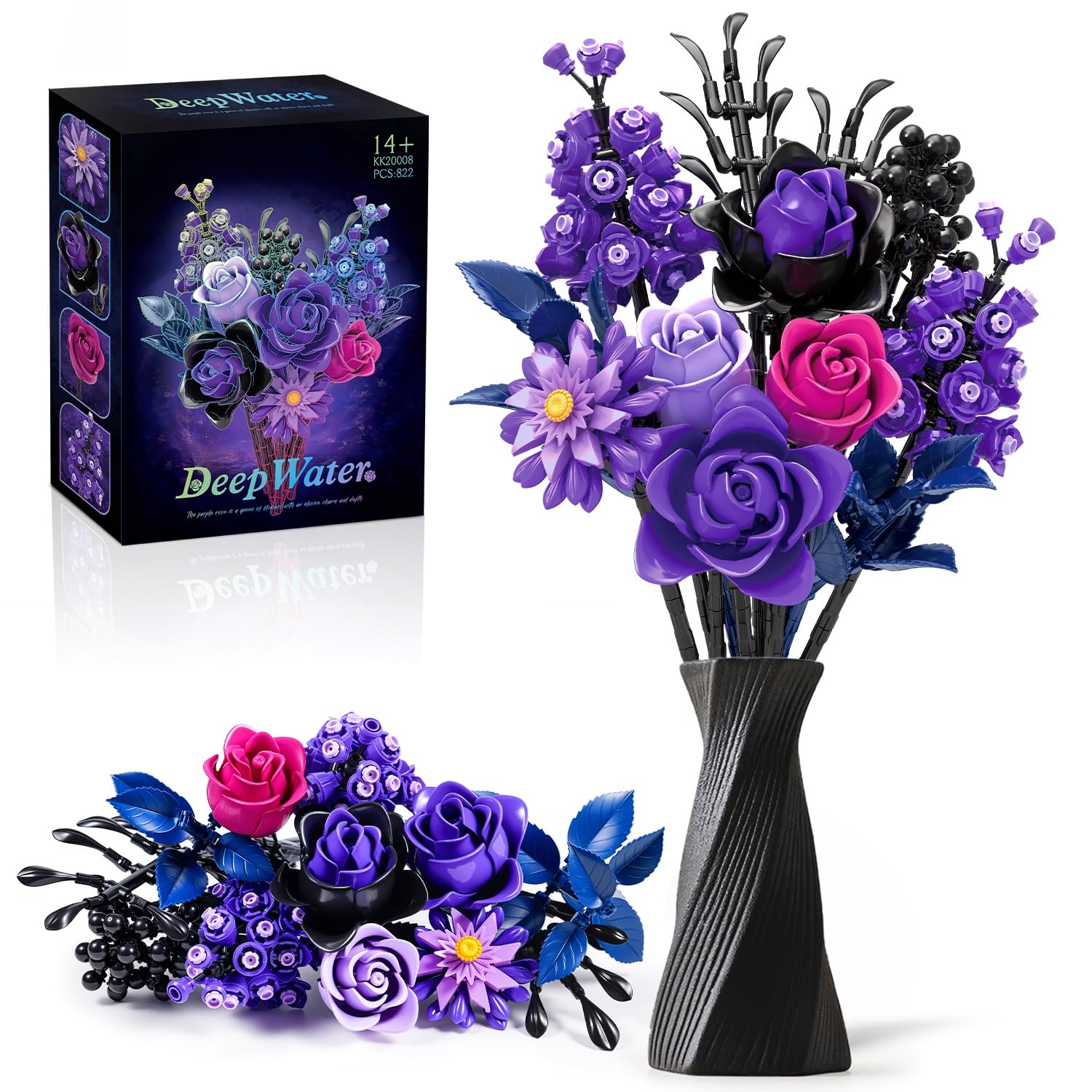 Lila Rosen Blumenstrauß Klemmbausteine Blumen, Blumen Bauspielzeugset für Erwachsene, 12 Blumenstrauss Bausteine 822 Stück, Botanicals Home Deko, Geburtstag Geschenk für Frauen Männer Jungen Mädchen
