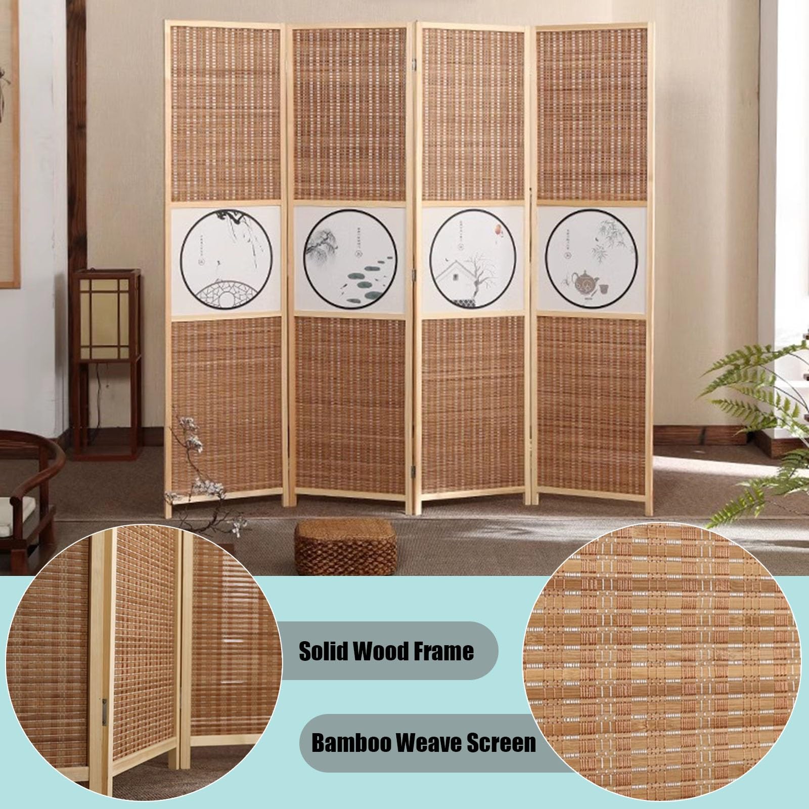 Paravent Cloison de Séparation 4 Panneau Paravent Avec Le Modèle Chinois, Mur Temporaire Autoportant Séparateur Pliant Écran De Confidentialité Avec Pieds De Support En Bois, Décoration Intérieure ( C