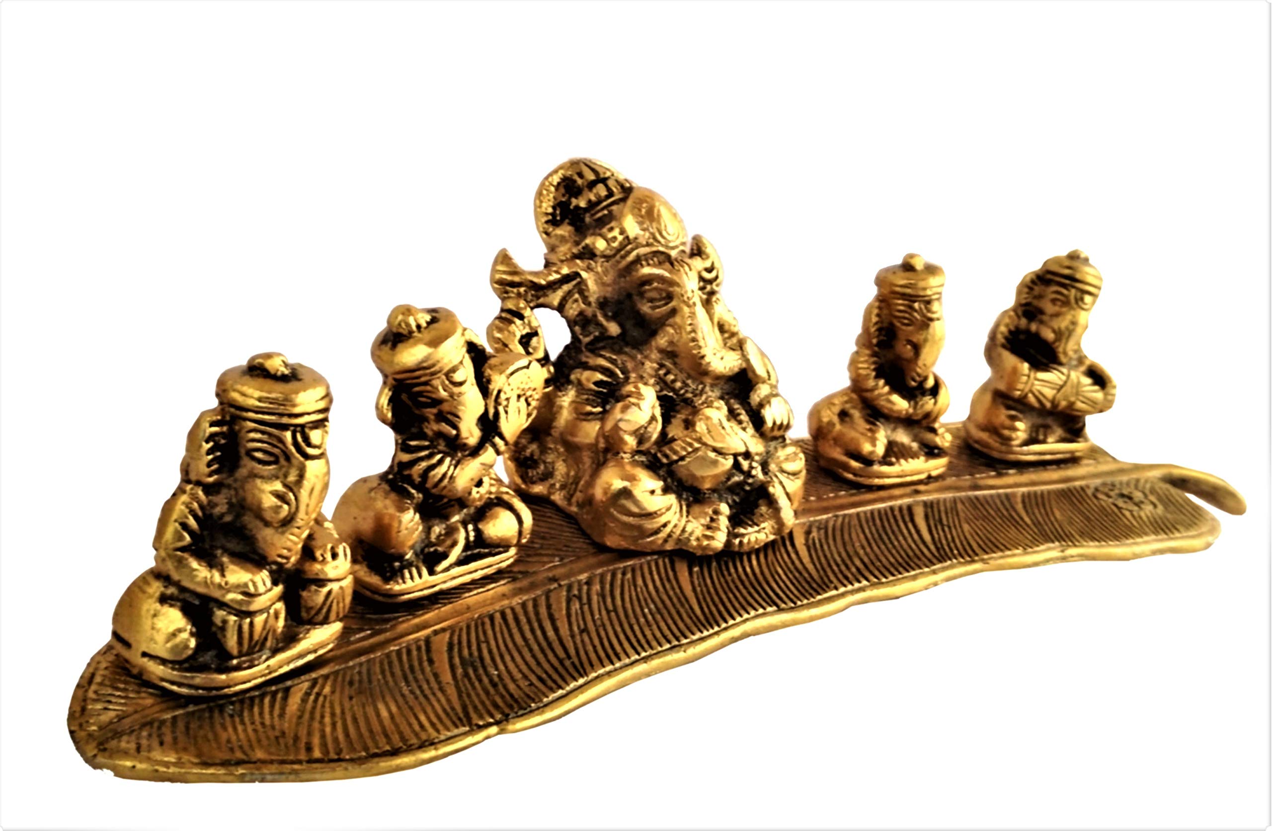 Purpledip Metal Idol Ganesha on Banana Leaf: Set of 5 Ganeshas Playing Divine Music (11551) - Image 4 thumbnail