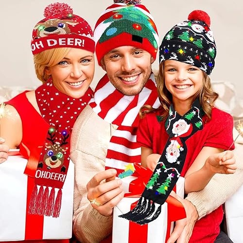 Miniatura 5 de Gorros de Navidad con luz LED, bufanda de punto, gorro de Navidad para adultos y niños, gorro de Navidad cálido para invierno