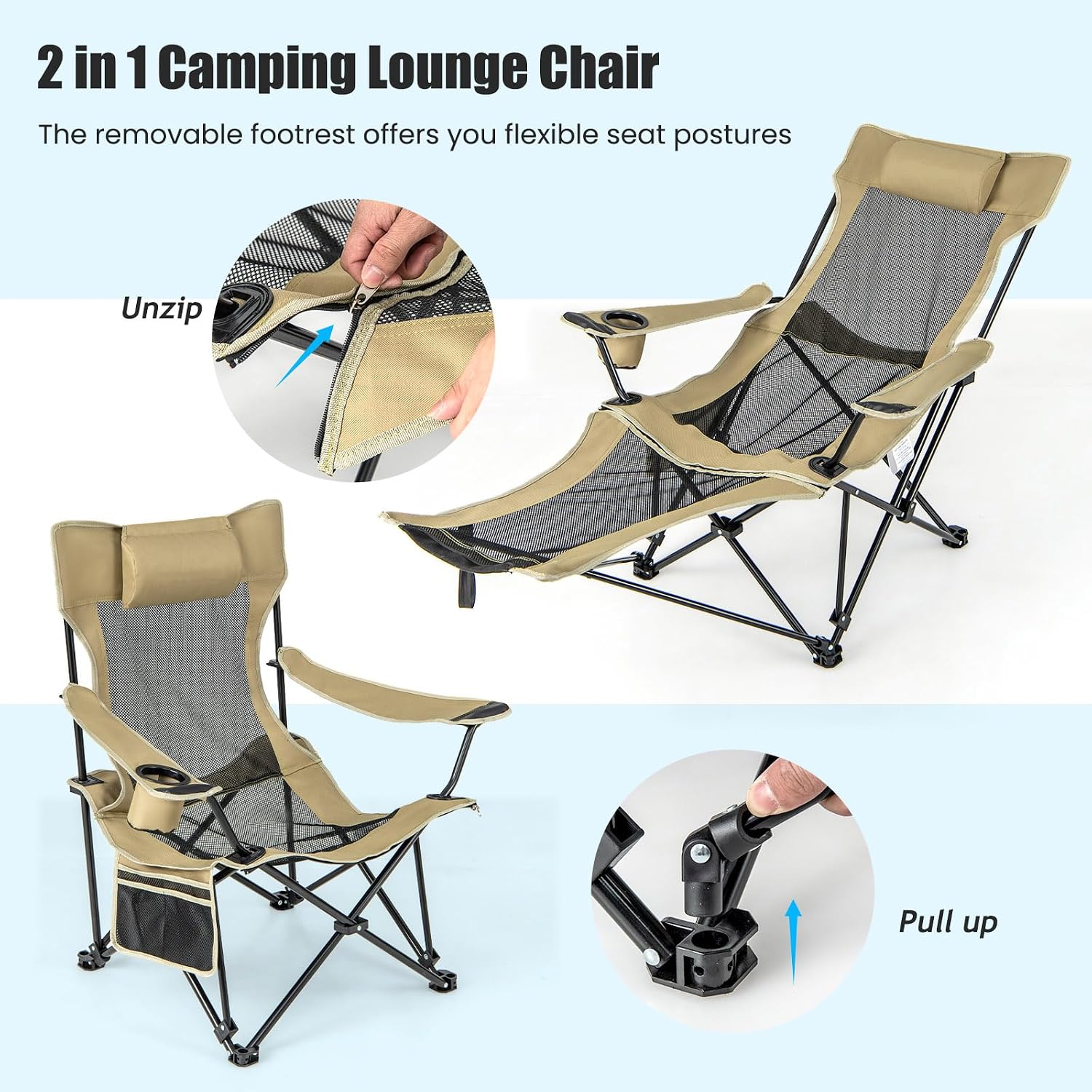 KOTEK Reclining Camping Chair, Portable Lounge Chair with Removable Foot Rest, Adjustable Backrest, Cup Holder & Carry Bag, Folding Camp Chair for Outdoor Traveling Fishing Hiking Picnic (2, Khaki)