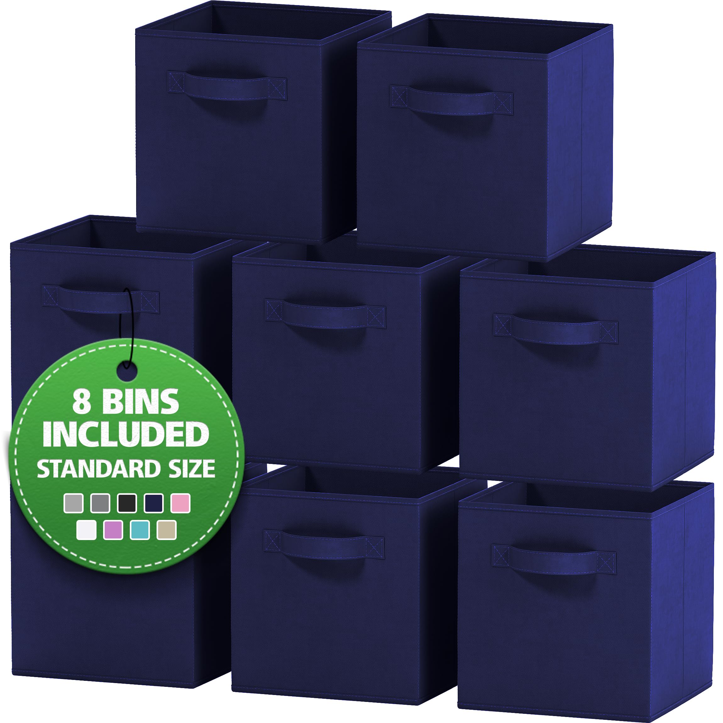 Set of 8 Foldable Fabric Storage Cube Bins | Collapsible Cloth Organizer Baskets Containers | Folding Nursery Closet Drawer | Features Dual Handles | Beautiful Colors Available (Navy)