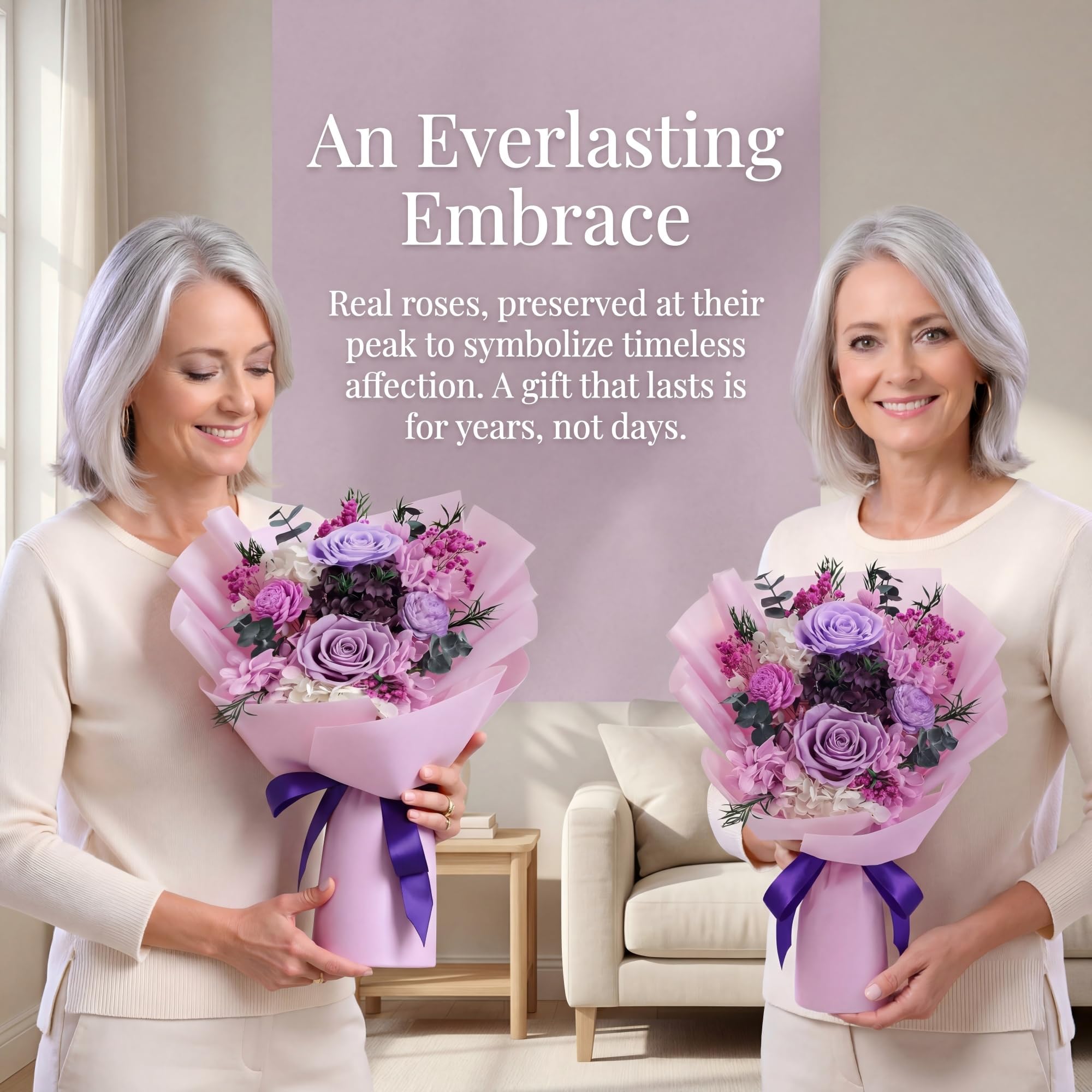 Bouquet de fleurs préservées, bouquet de roses violettes qui durent 3 à 5 ans, fleurs éternelles, fleurs pour livraison Prime, cadeau pour elle, anniversaire, Noël, Saint-Valentin, fête des mères,