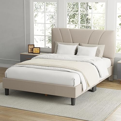 Base de cama Avenco tamaño Queen con plataforma tapizada y cabecera ajustable, soporte de listones de madera, fácil montaje, no requiere somier,
