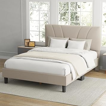 Avenco Queen Bed Frame, Upholstered Platform Bed Frame with Adjustable Headboard, Wood Slat Support, Easy Assembly, No Box Spring Needed, Beige