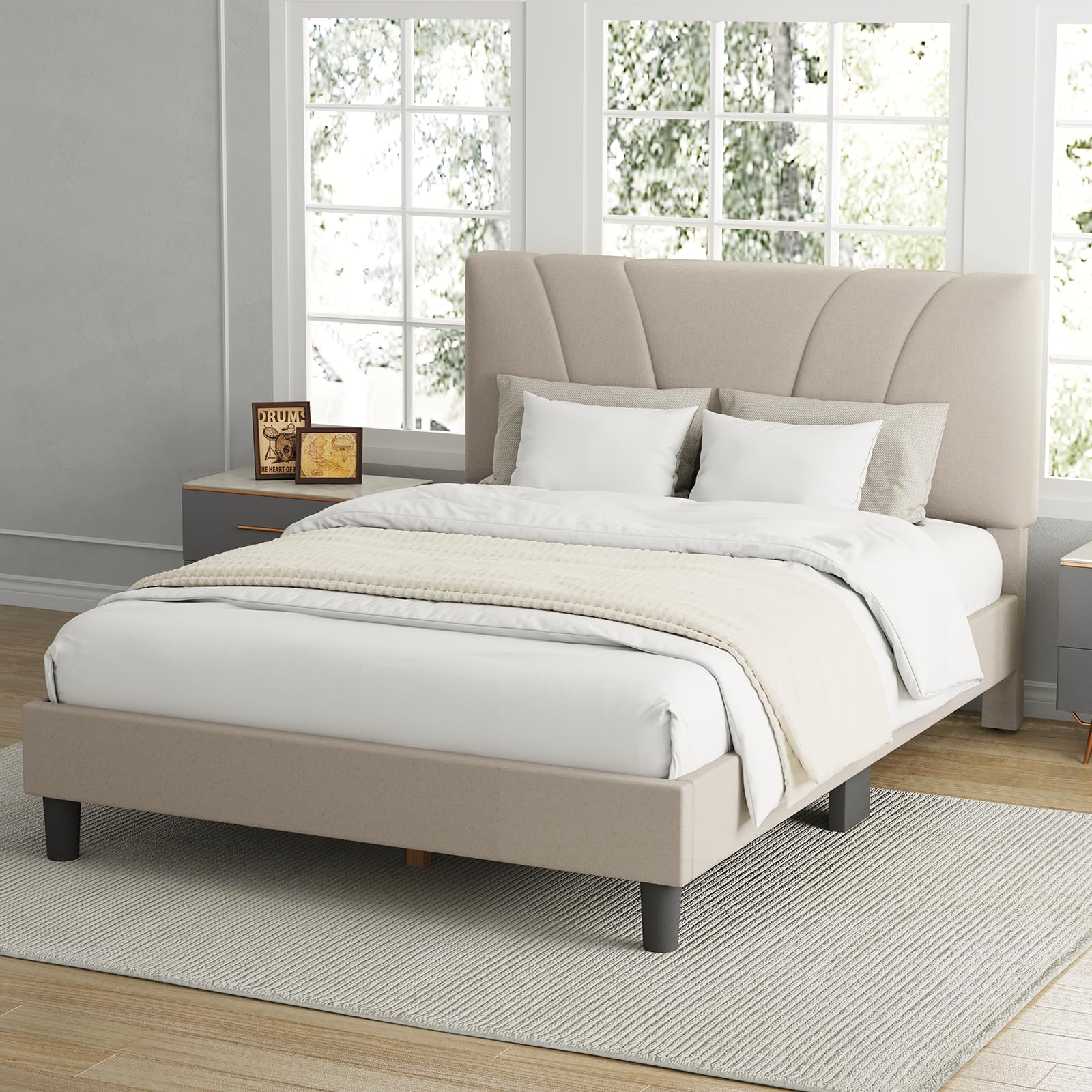 Photo 1 of Avenco Queen Bed Frame, Upholstered Platform Bed Frame with Adjustable Headboard, Wood Slat Support, Easy Assembly, No Box Spring Needed, Beige