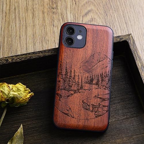 Miniatura 4 de Carveit Funda magnética de madera para iPhone 12 madera natural y TPU suave negro a prueba de golpes, funda de madera única compatible con magsafe