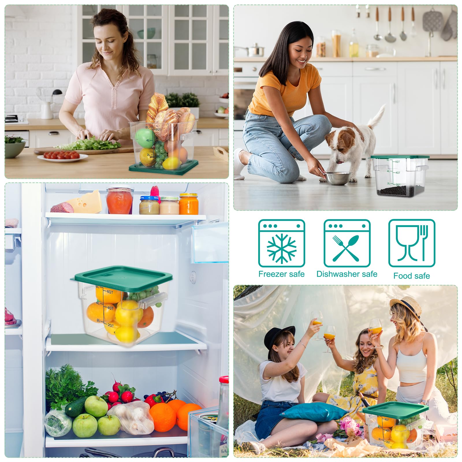 Lallisa Paquete de 8 recipientes transparentes de almacenamiento de alimentos de 6 cuartos de galón con tapas y asas, contenedor cuadrado de almacenamiento de alimentos de grado comercial para el