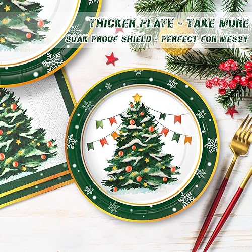 Miniatura 2 de Homlouue 200 platos y servilletas de papel de Navidad, juego de vajilla desechable de árbol de Navidad verde, suministros de decoración de fiesta de