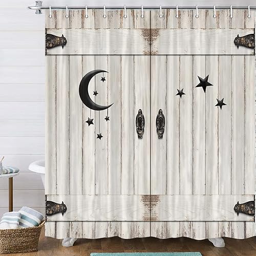 Miniatura 5 de JAWO Cortina de ducha con puerta de granero, de madera rústica, de madera blanca, Islam, luna creciente y estrella, cortina de ducha moderna de