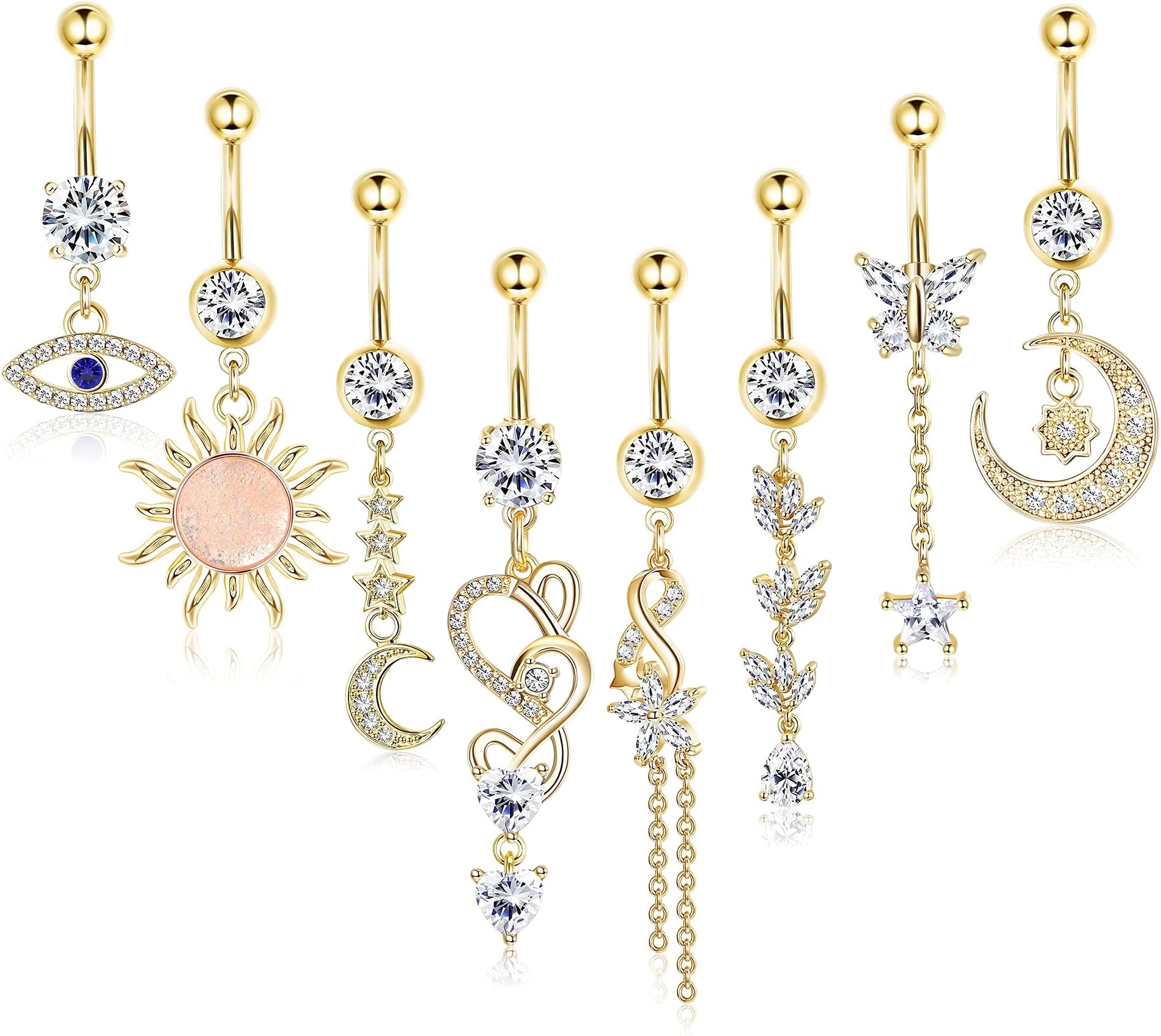 FIBO STEEL 8Pcs Stainless Steel Dangle Belly Button Rings for Women Evil Eye CZ Navel Rings Barbell CZ Body Piercing Jewelry 14G