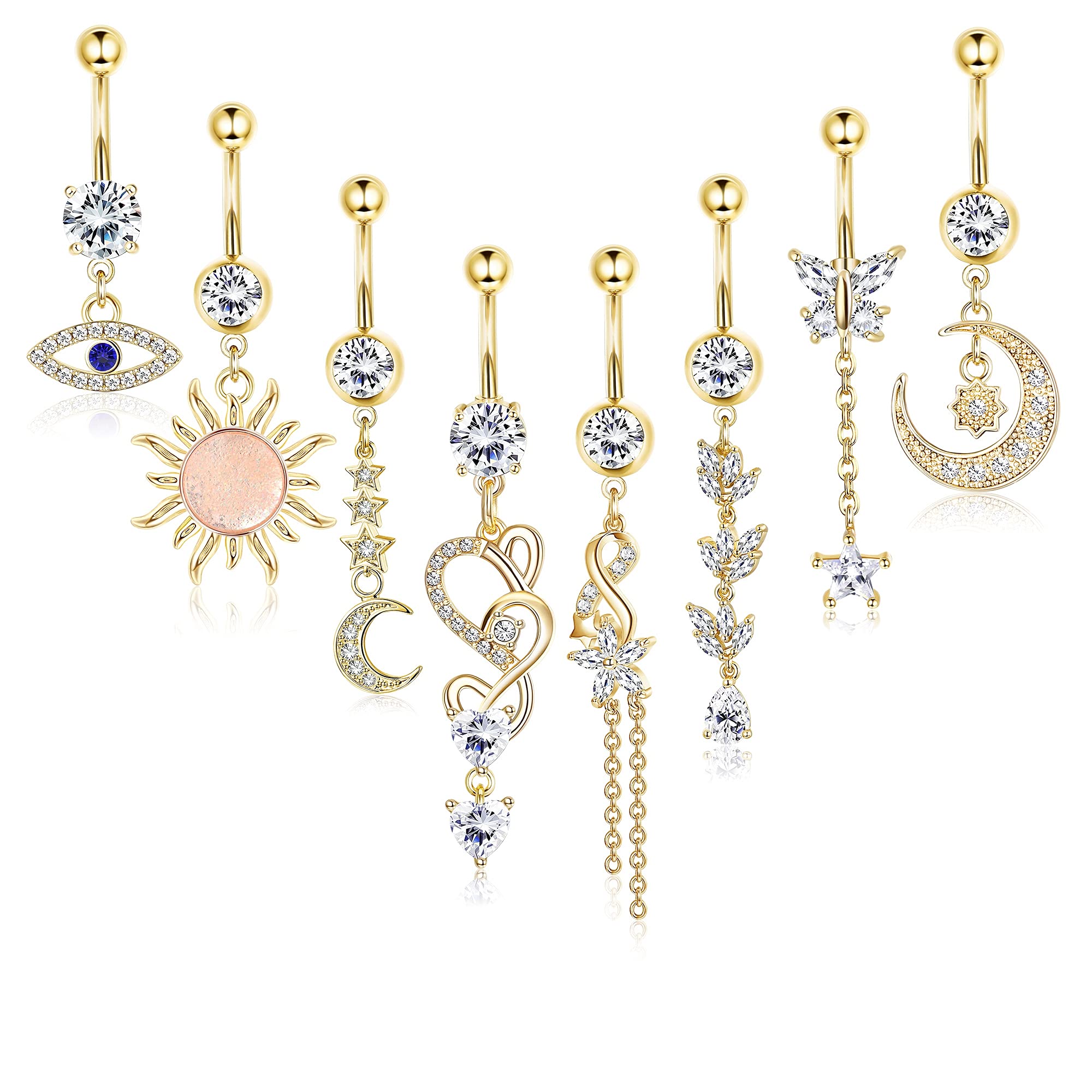 FIBO STEEL 8Pcs Stainless Steel Dangle Belly Button Rings for Women Evil Eye CZ Navel Rings Barbell CZ Body Piercing Jewelry 14G