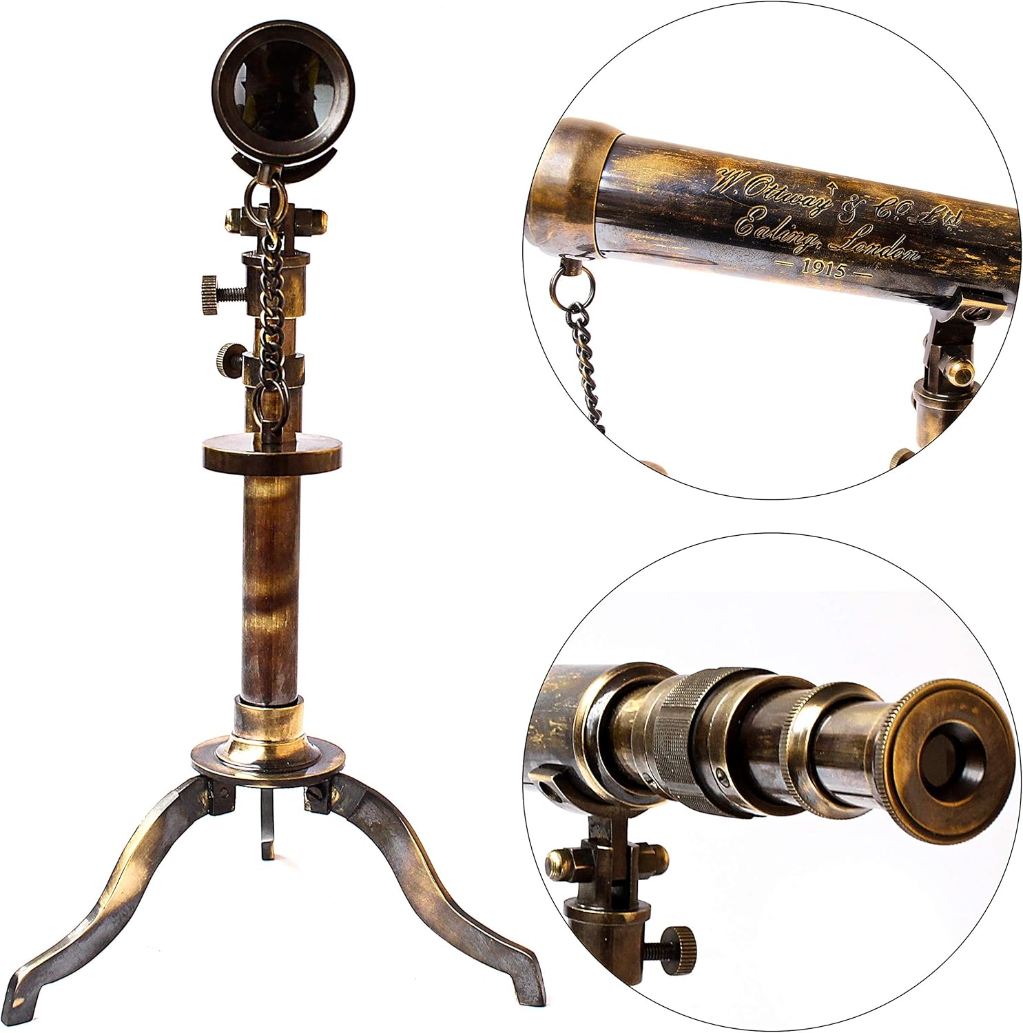 Nautical Telescope W. Ottway London 1915 Vintage Stand Brass Antique Telescope with Brass Extendable Tripod Home & Office Decor