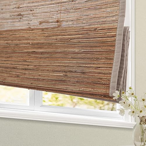 Persianas opacas sin cordones de bambú, persianas romanas personalizadas con bordes, persianas naturales 100% bambú y lino para ventanas, patrón 1019