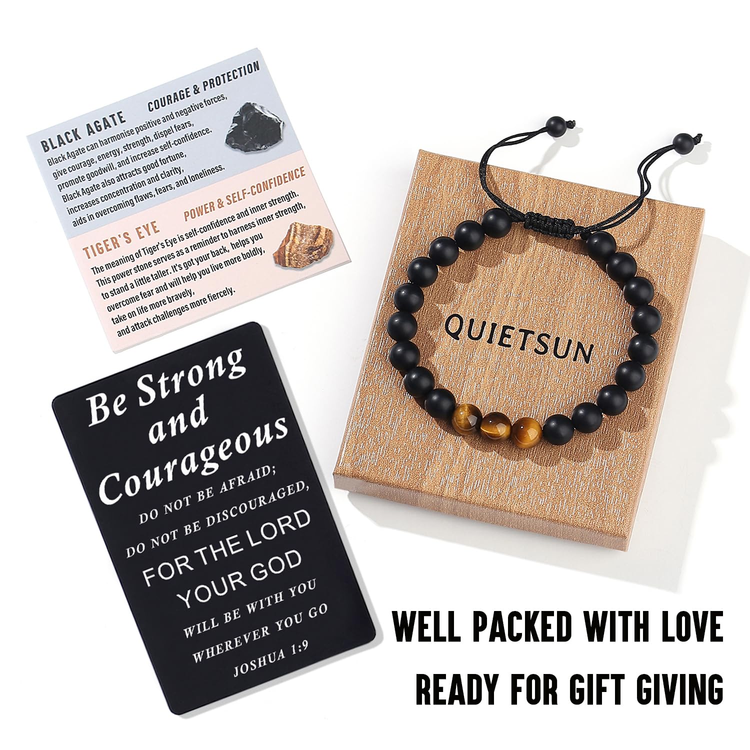 Quietsun Cool Gifts for Teen Boys/Men-Natural Gemstone Bracelet with Meaningful Metal Wallet Card in Gift Box