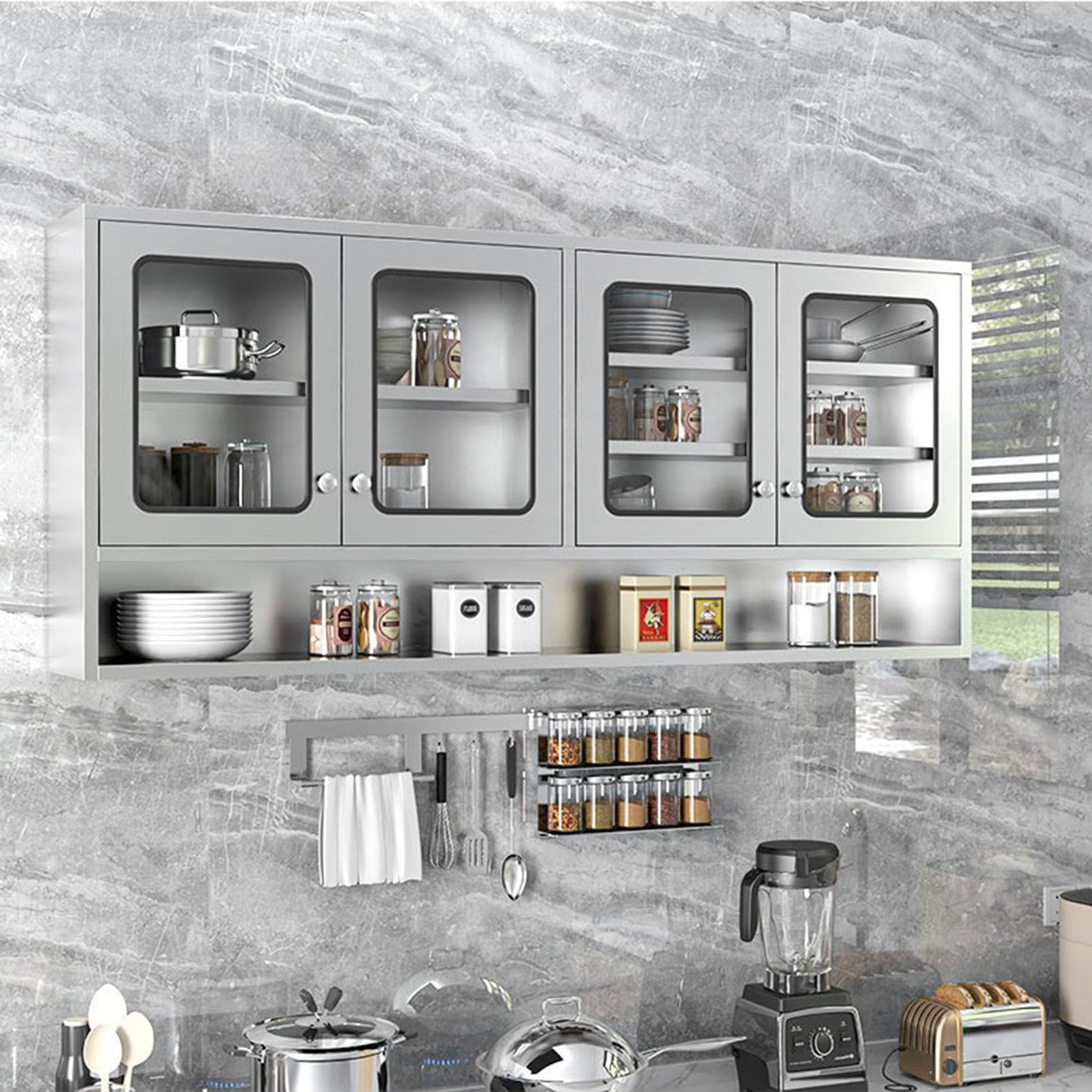 Armadietto da cucina in acciaio inox, resistente, con doppia anta, salvaspazio, con mensola da parete per nization e facile accesso (80 x 30 x 70 cm)