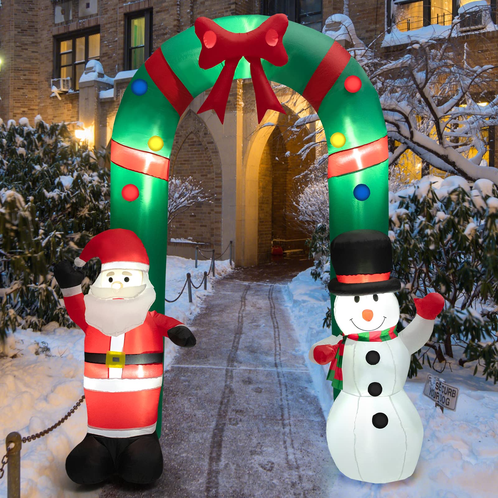 COSTWAY aufblasbarer Weihnachtsbogen 245cm, LED Weihnachtsdekoration mit Weihnachtsmann & Schneemann, Weihnachtsdeko Outdoor, Weihnachtsbeleuchtung für Garten, Hof, Terrasse, selbstaufblasend
