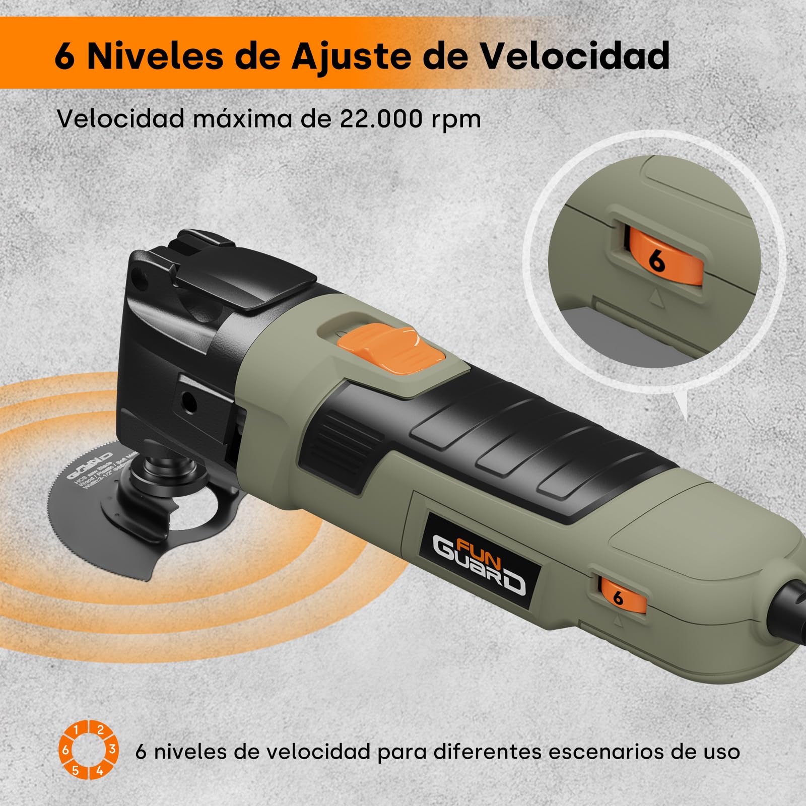300W Multiherramienta Oscilante, Herramientas Oscilantes con 6 Velocidades, 15000-22000RPM, 30 Accesorios, Mango Auxiliar, Ángulo de Oscilación 3.5°, para Cortar, Lijar, Raspar, Serrar