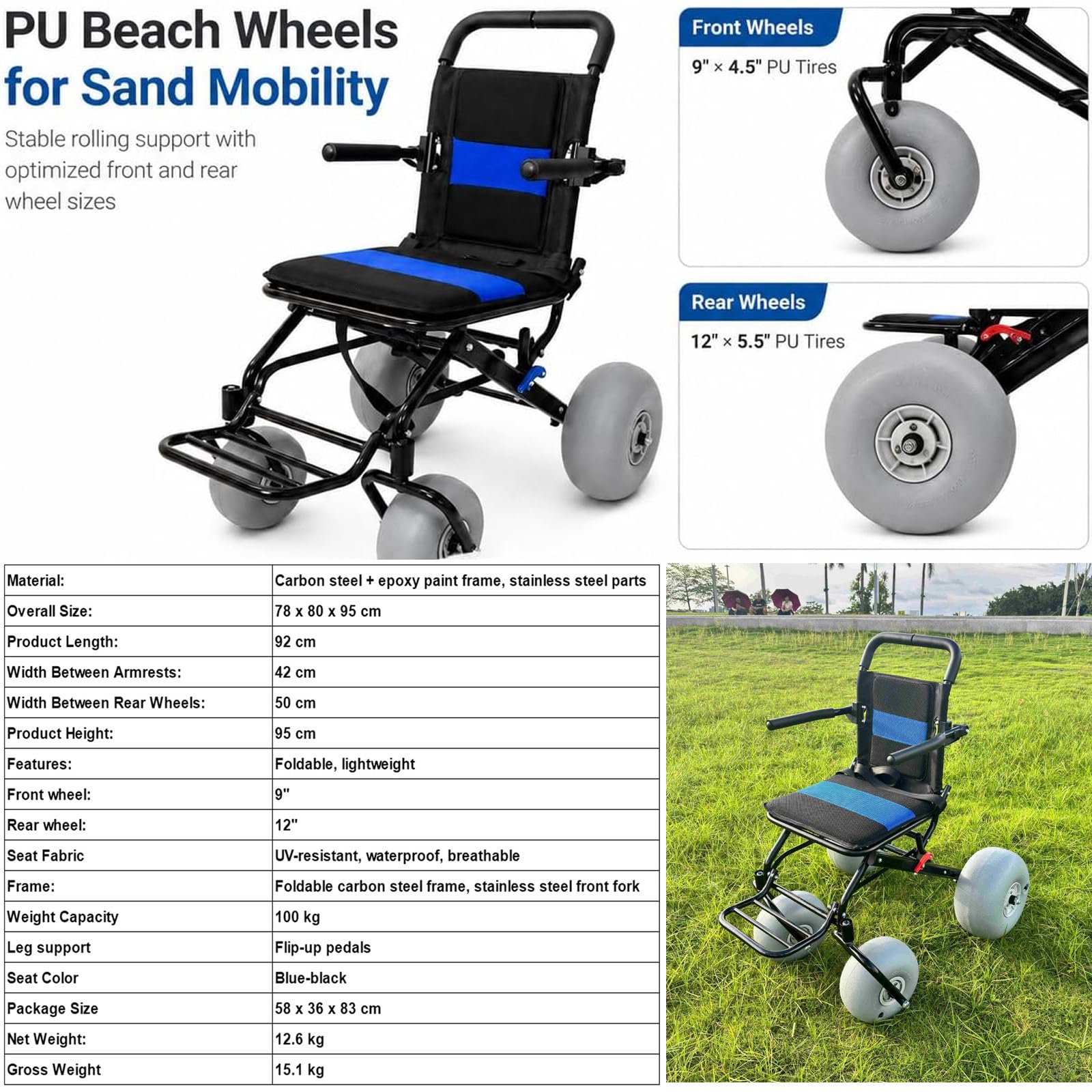 Silla Playa Plegable Ligera Con Ruedas, Andador De Playa Todoterreno, | Impermeable, Para Acceso A Playa, Césped, Grava Y Agua, Transporte De Viaje Para Personas Mayores