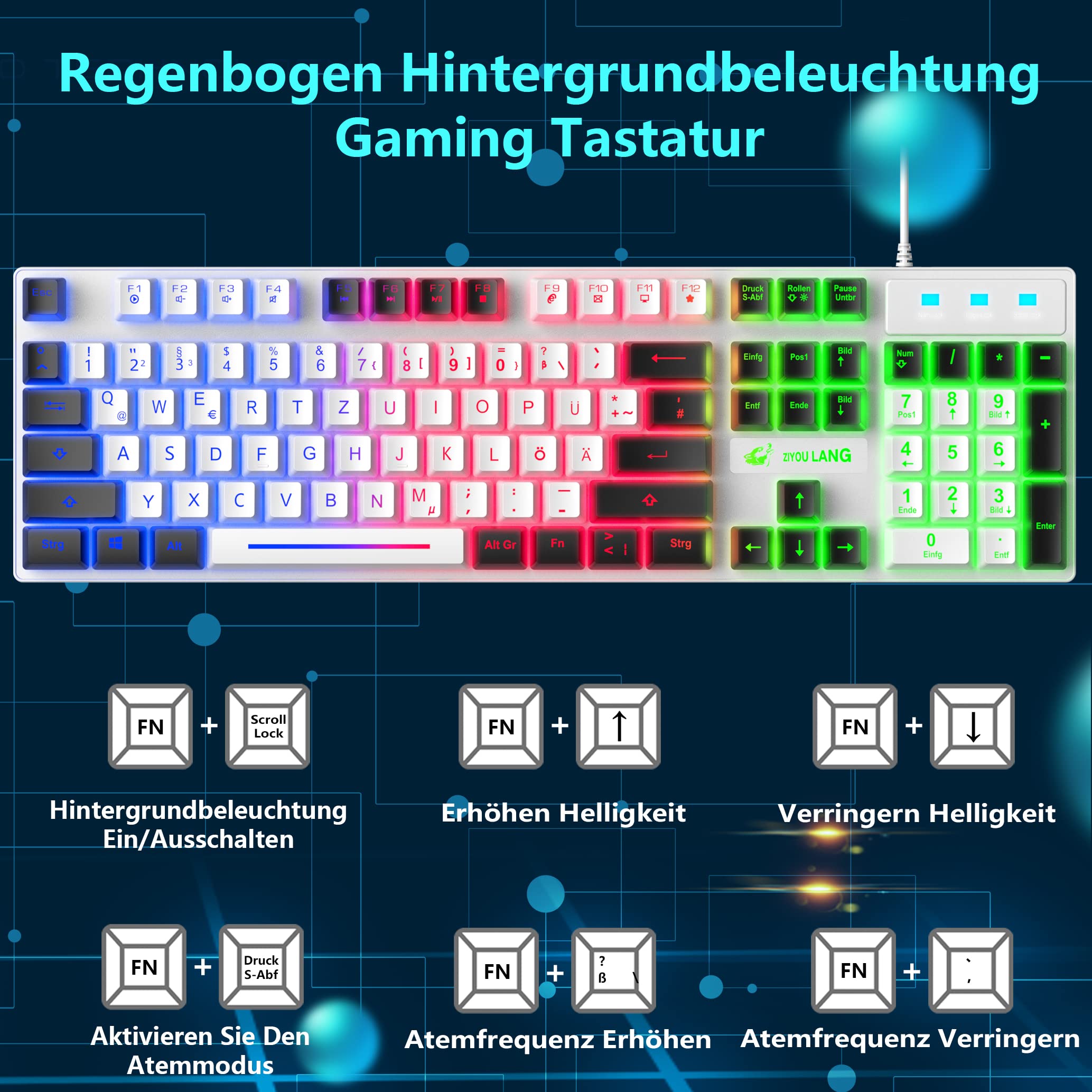 Gaming Farbblock Tastatur Und Maus Set, QWERTZ German Layout Regenbogen LED Hintergrundbeleuchtung Ergonomische Keyboard 6 Tasten 2400 DPI Maus und Mauspad, USB Verkabelt, Weiße+Schwarz Tastenkappen